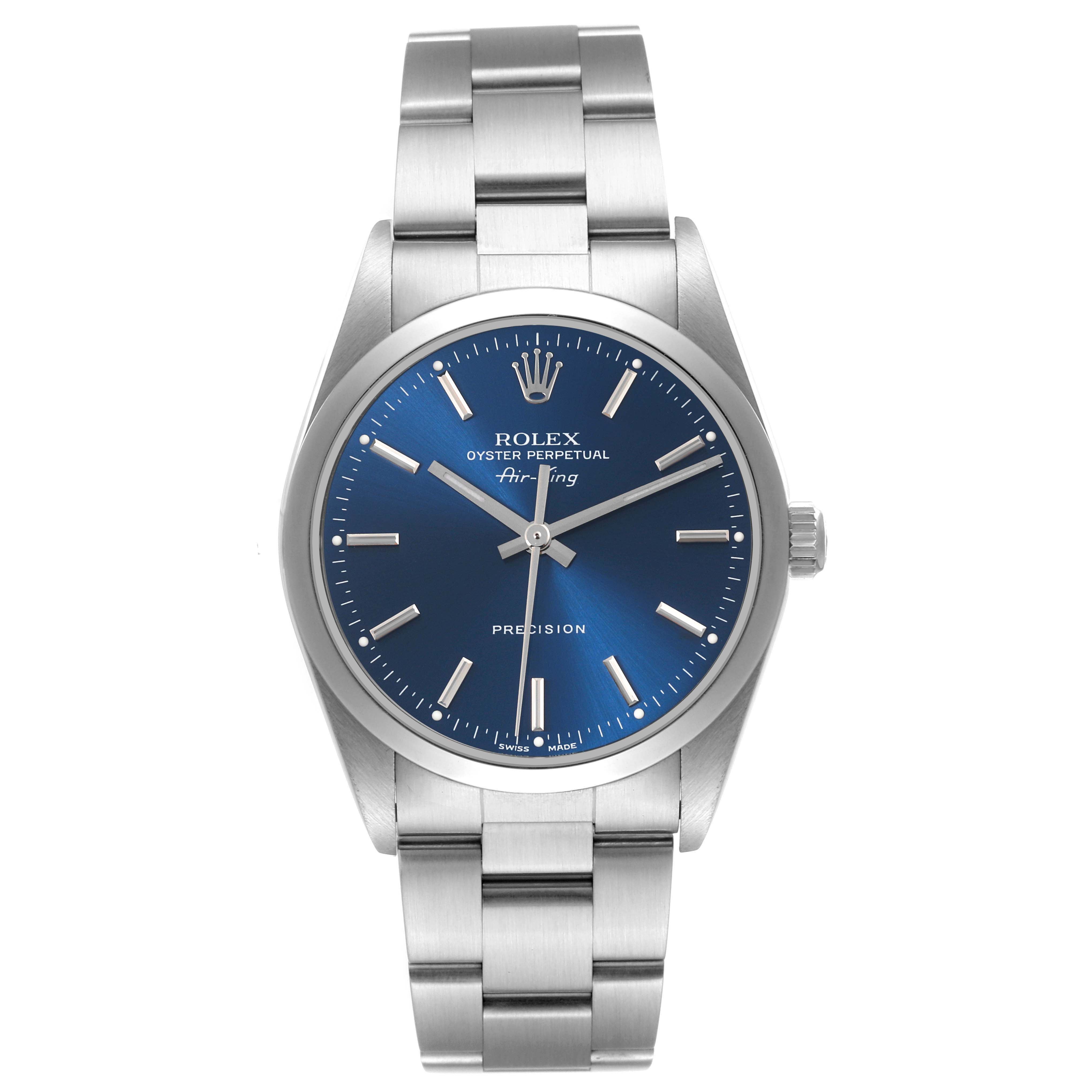 The Rolex Air-King 14000 Men's Stainless Steel Blue Dial 14000 Men's Stainless Steel Blue Dial watch is shown from a front angle, displaying the blue dial, case, bezel, and bracelet.