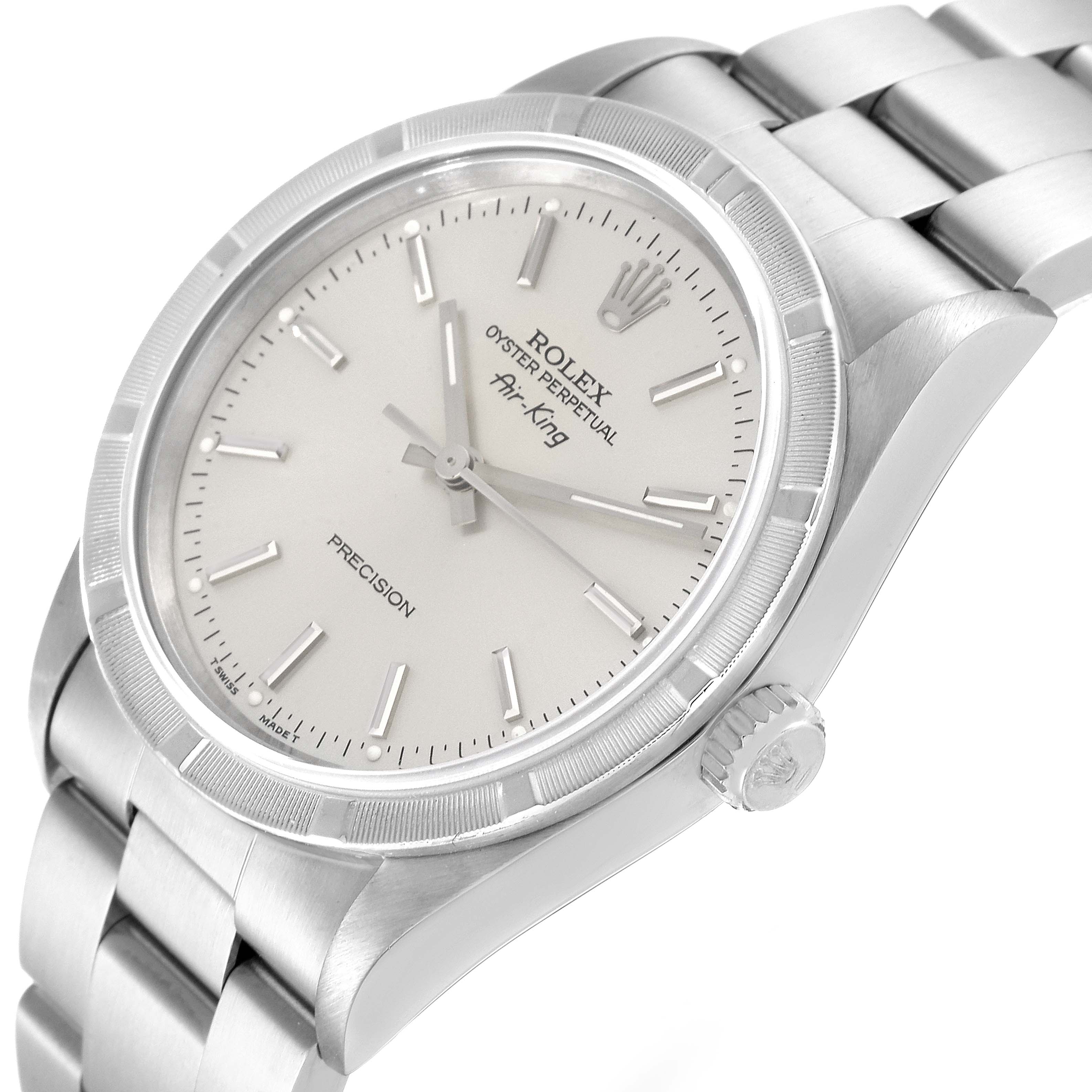 This image shows a close-up of the Rolex Air-King 14010 Men's Stainless Steel Silver Dial 14010 Men's Stainless Steel Silver Dial watch, highlighting its dial, bezel, crown, and part of the bracelet from an angled perspective.