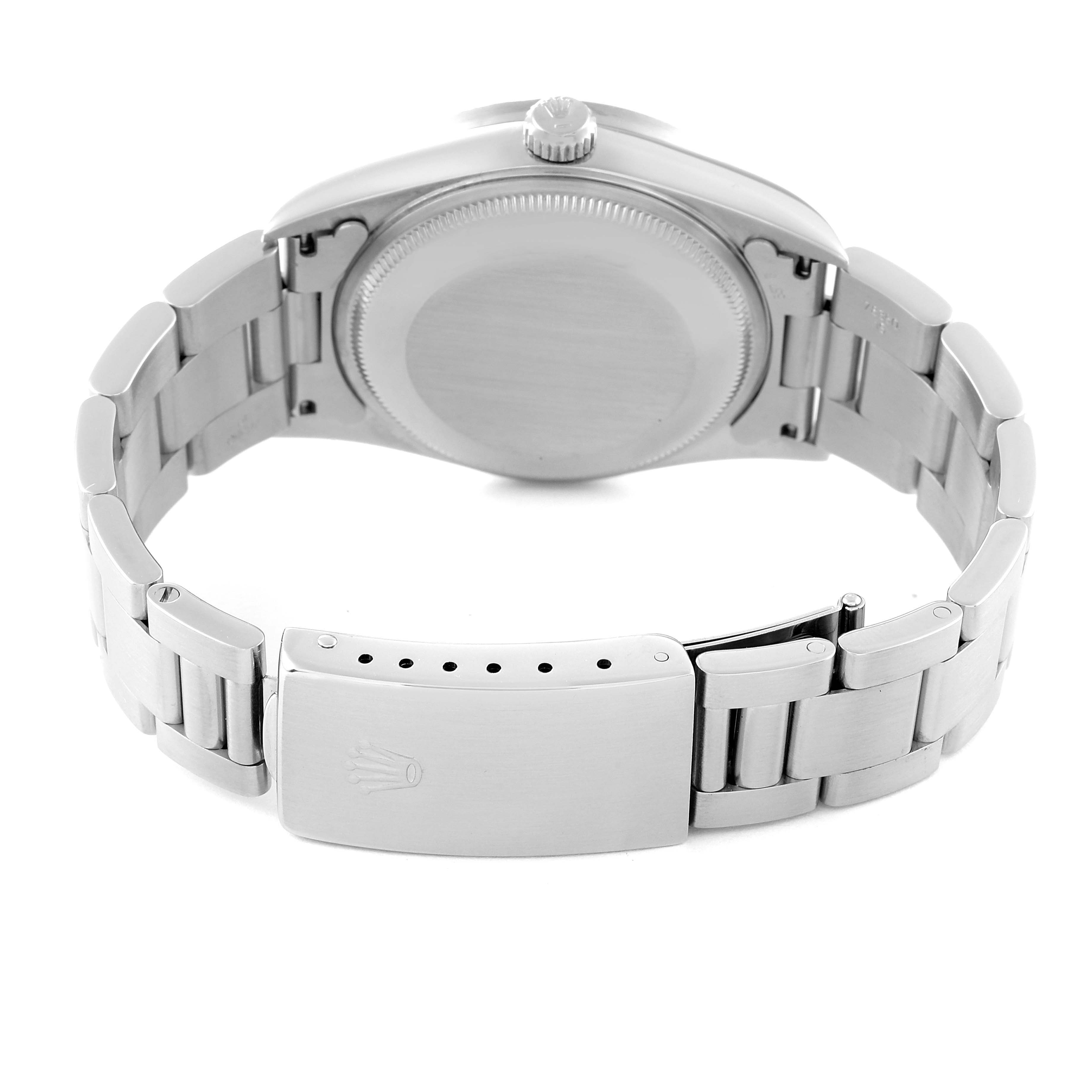 This image shows the back view of a Rolex Air-King 14010 Men's Stainless Steel Silver Dial 14010 Men's Stainless Steel Silver Dial watch, highlighting the bracelet and the clasp.