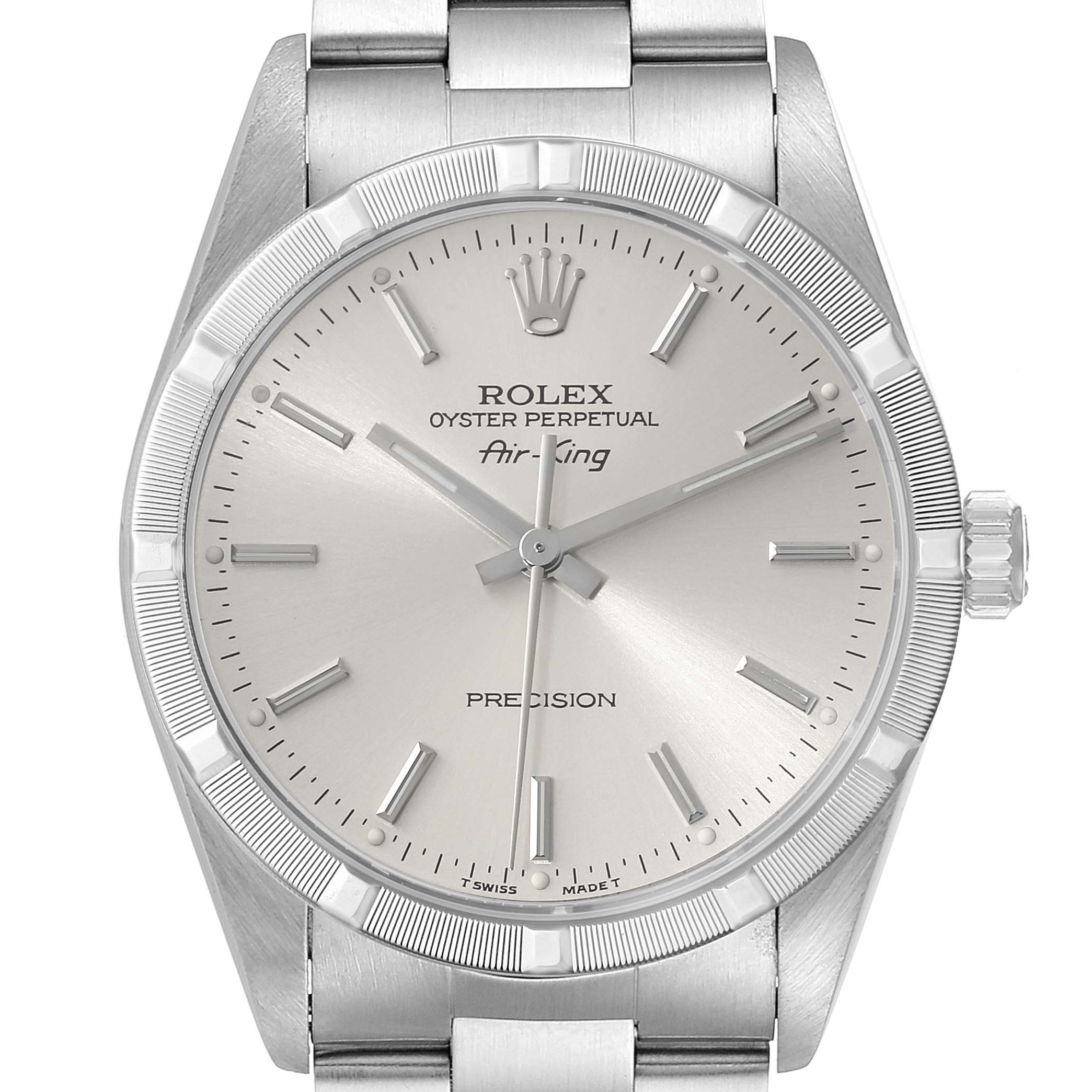 The image shows the front view of a Rolex Air-King 14010 Men's Stainless Steel Silver Dial 14010 Men's Stainless Steel Silver Dial watch, highlighting the dial, hands, markers, and crown.