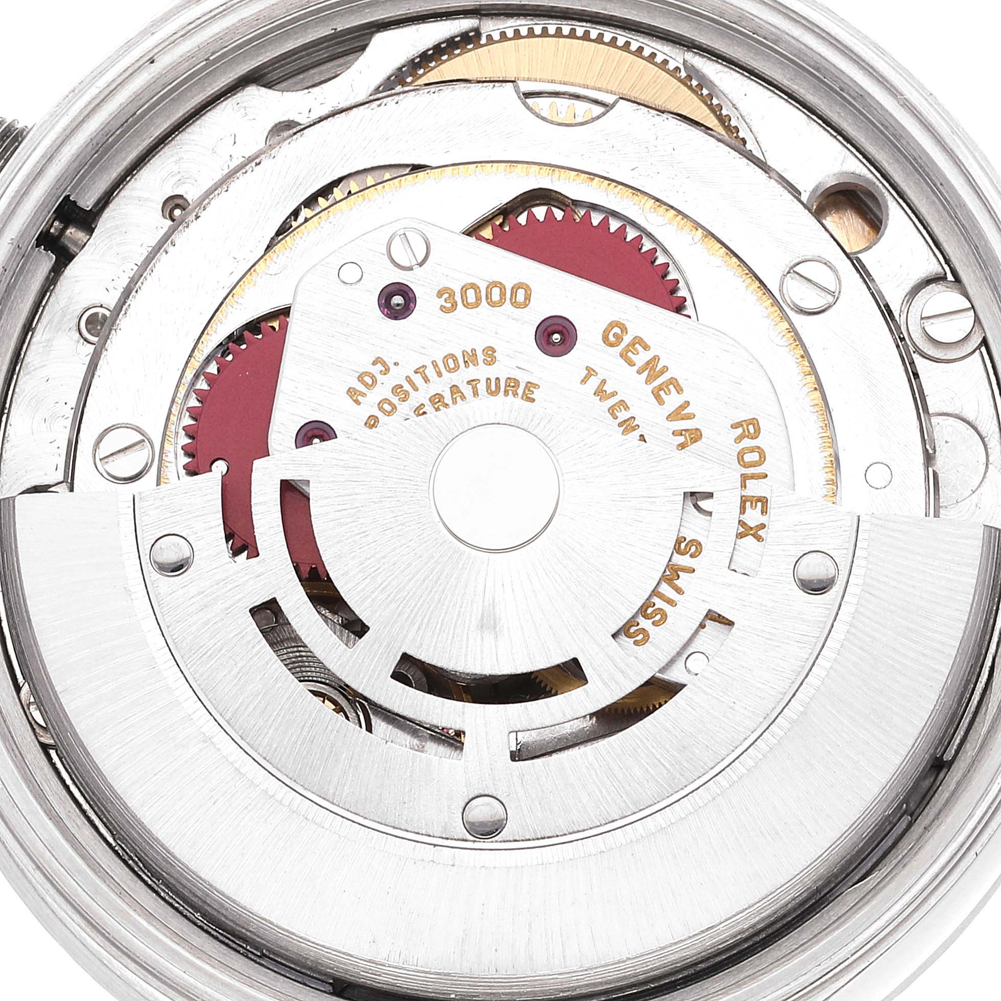 This image shows a close-up view of the internal mechanism of the Rolex Air-King 14010 Men's Stainless Steel Silver Dial 14010 Men's Stainless Steel Silver Dial watch, highlighting its intricate components.