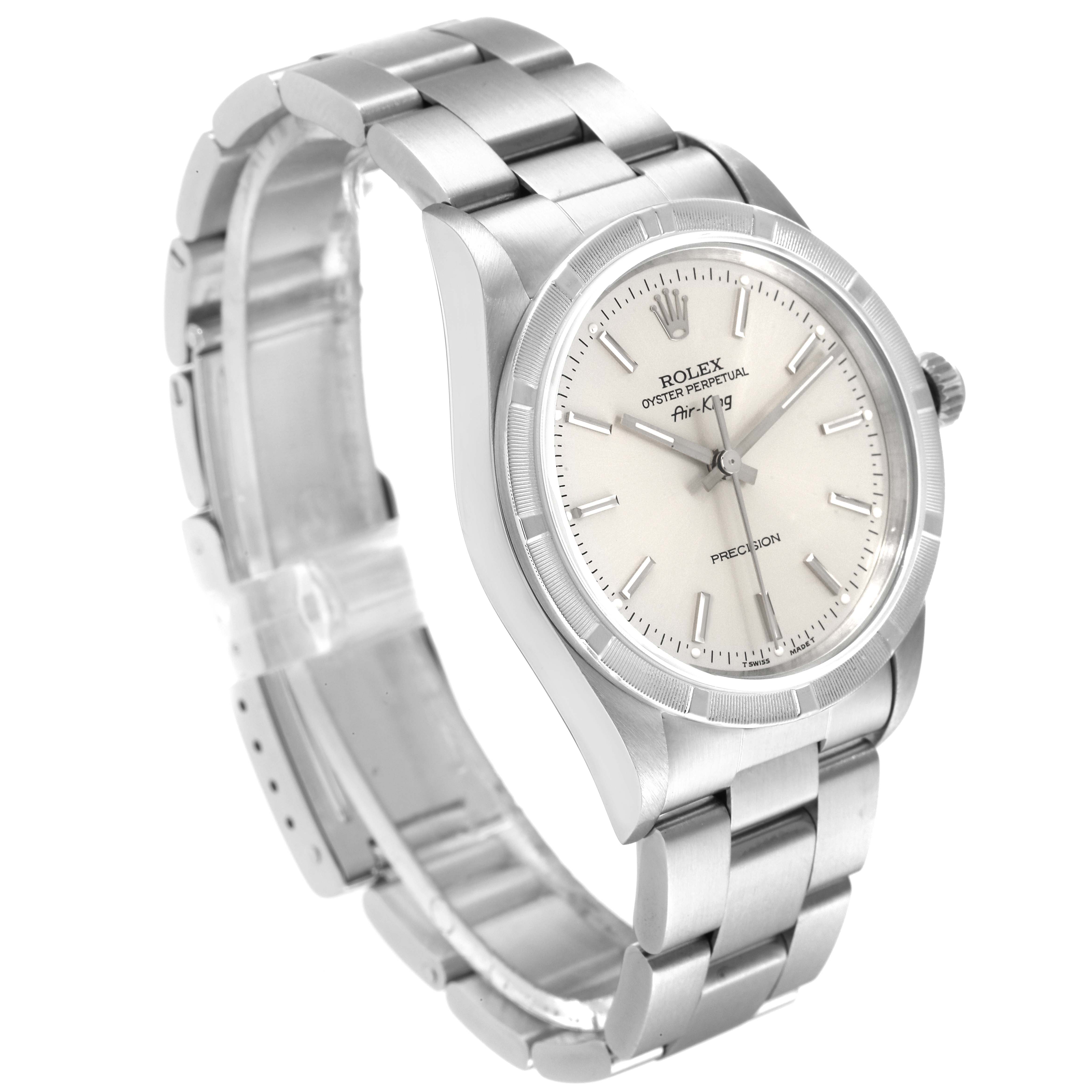 The image shows a side angle of a Rolex Air-King 14010 Men's Stainless Steel Silver Dial 14010 Men's Stainless Steel Silver Dial watch displaying its face, bezel, and bracelet.