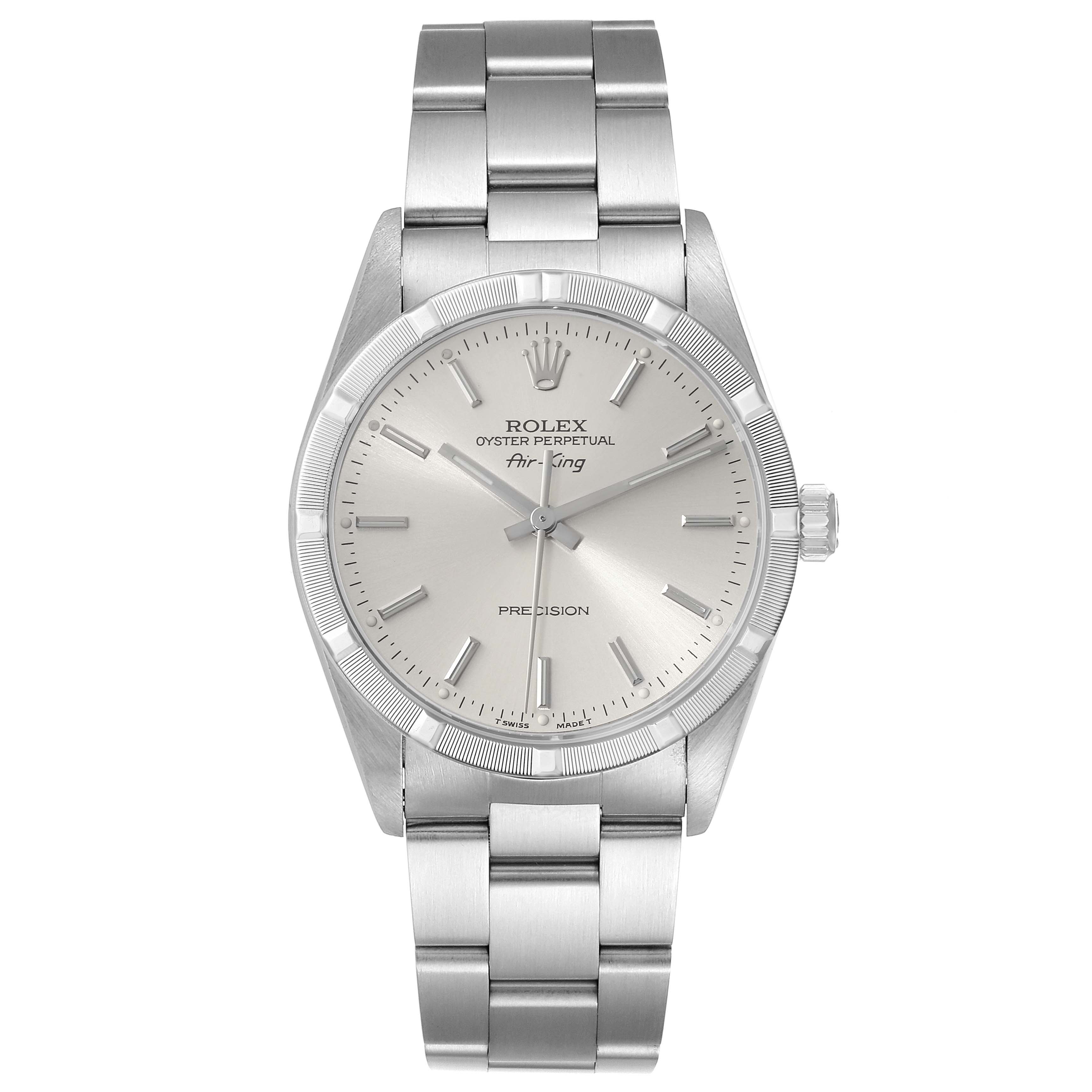 This is a frontal view of the Rolex Air-King 14010 Men's Stainless Steel Silver Dial 14010 Men's Stainless Steel Silver Dial watch, showing its silver dial, bezel, bracelet, and crown.