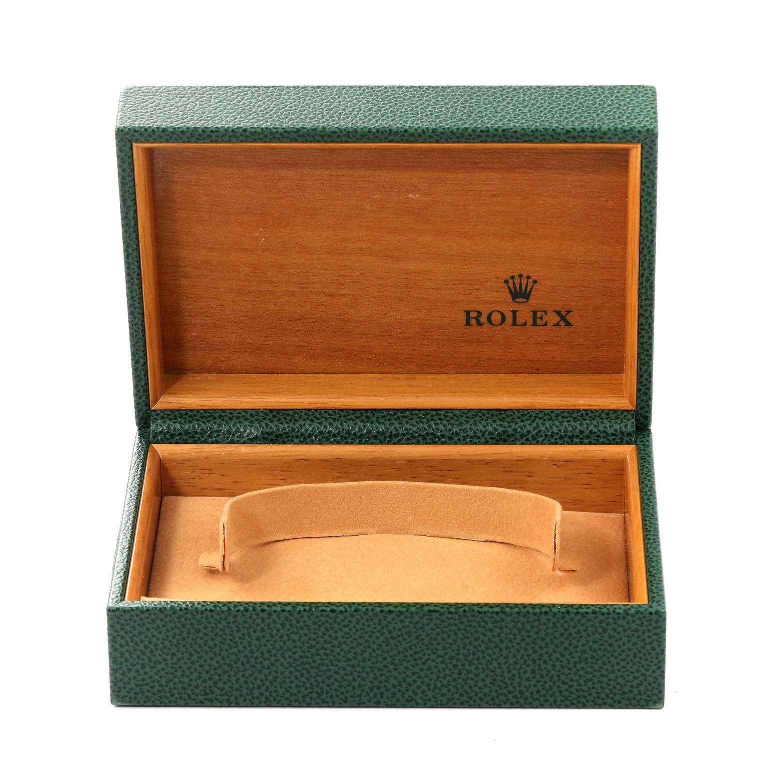 This image shows an empty open box for the Rolex Air-King 14010 Men's Stainless Steel Silver Dial 14010 Men's Stainless Steel Silver Dial watch, featuring green and wooden interior lining.