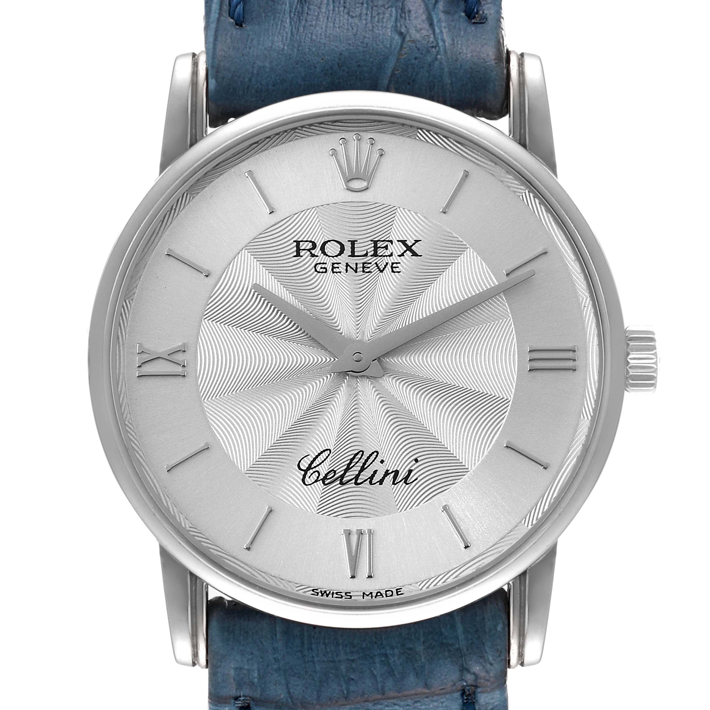 The image shows a front view of the Rolex Cellini 5116 Men's White Gold Silver Dial 5116 Men's White Gold Silver Dial watch, featuring its face, dial, hands, crown, and part of the strap.