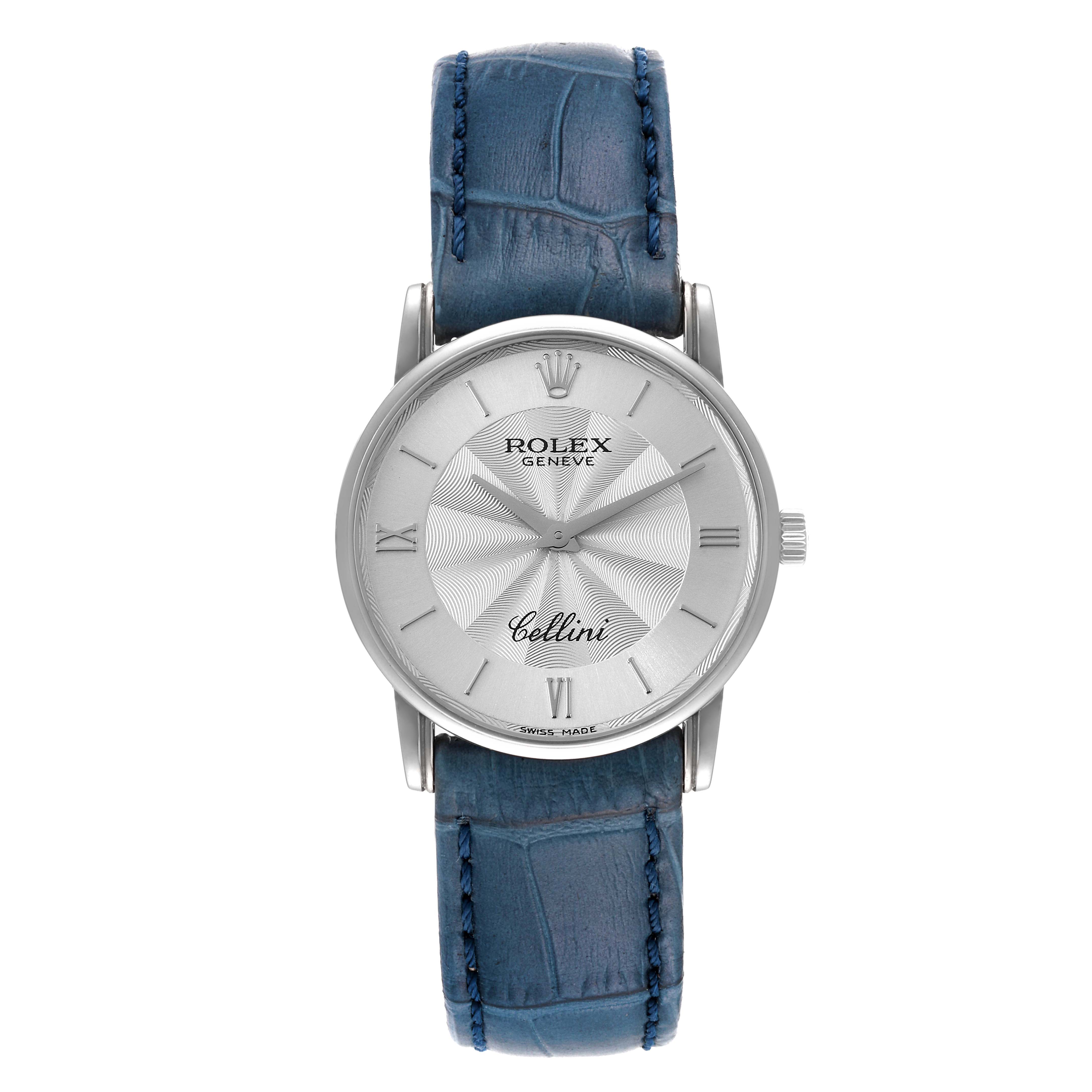 This image shows a front view of a Rolex Cellini 5116 Men's White Gold Silver Dial 5116 Men's White Gold Silver Dial watch with a silver dial and a blue leather strap.
