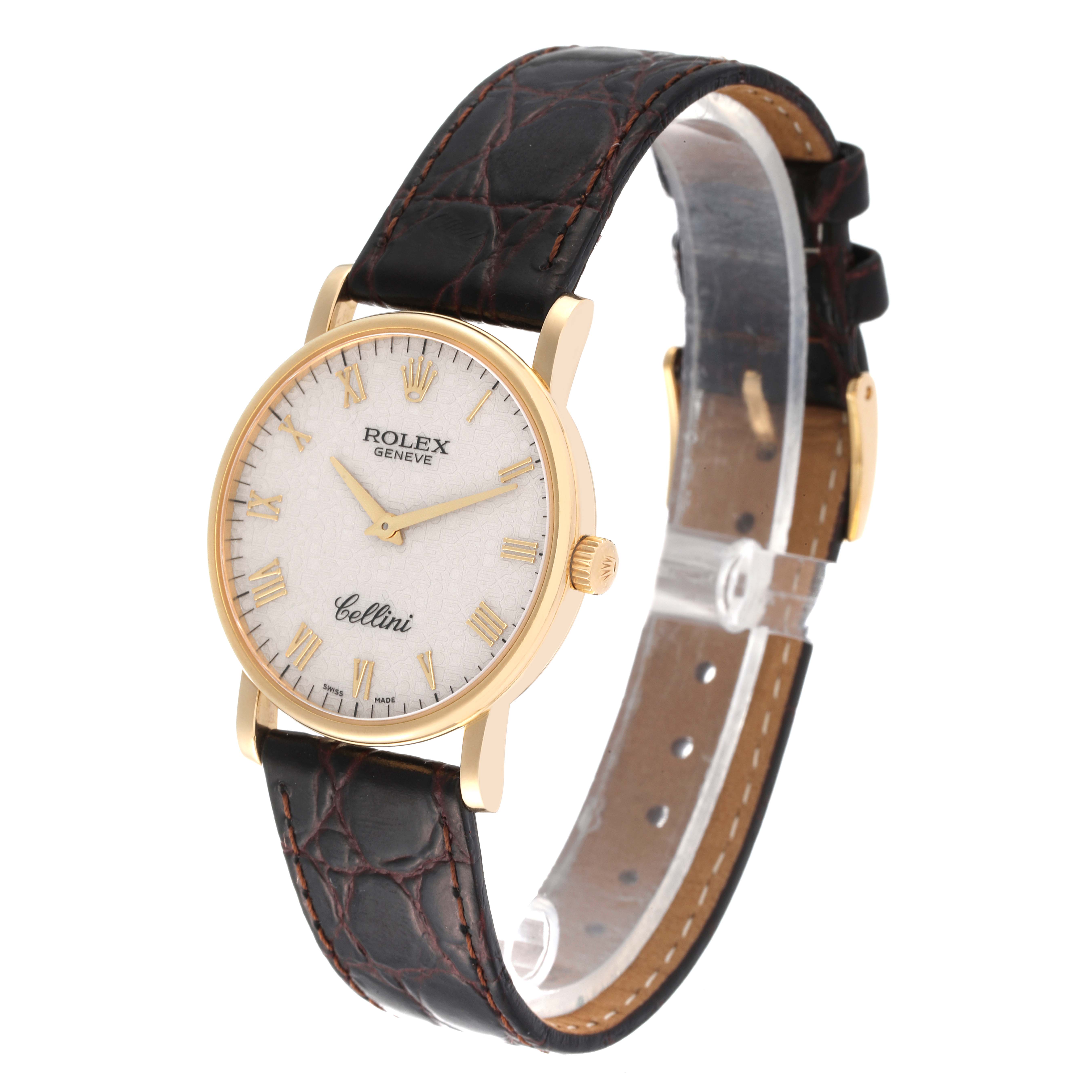 The Rolex Cellini 5115/8 Men's Yellow Gold Beige Dial 5115/8 Men's Yellow Gold Beige Dial watch is shown at a slight angle, displaying its dial, case, crown, and leather strap.