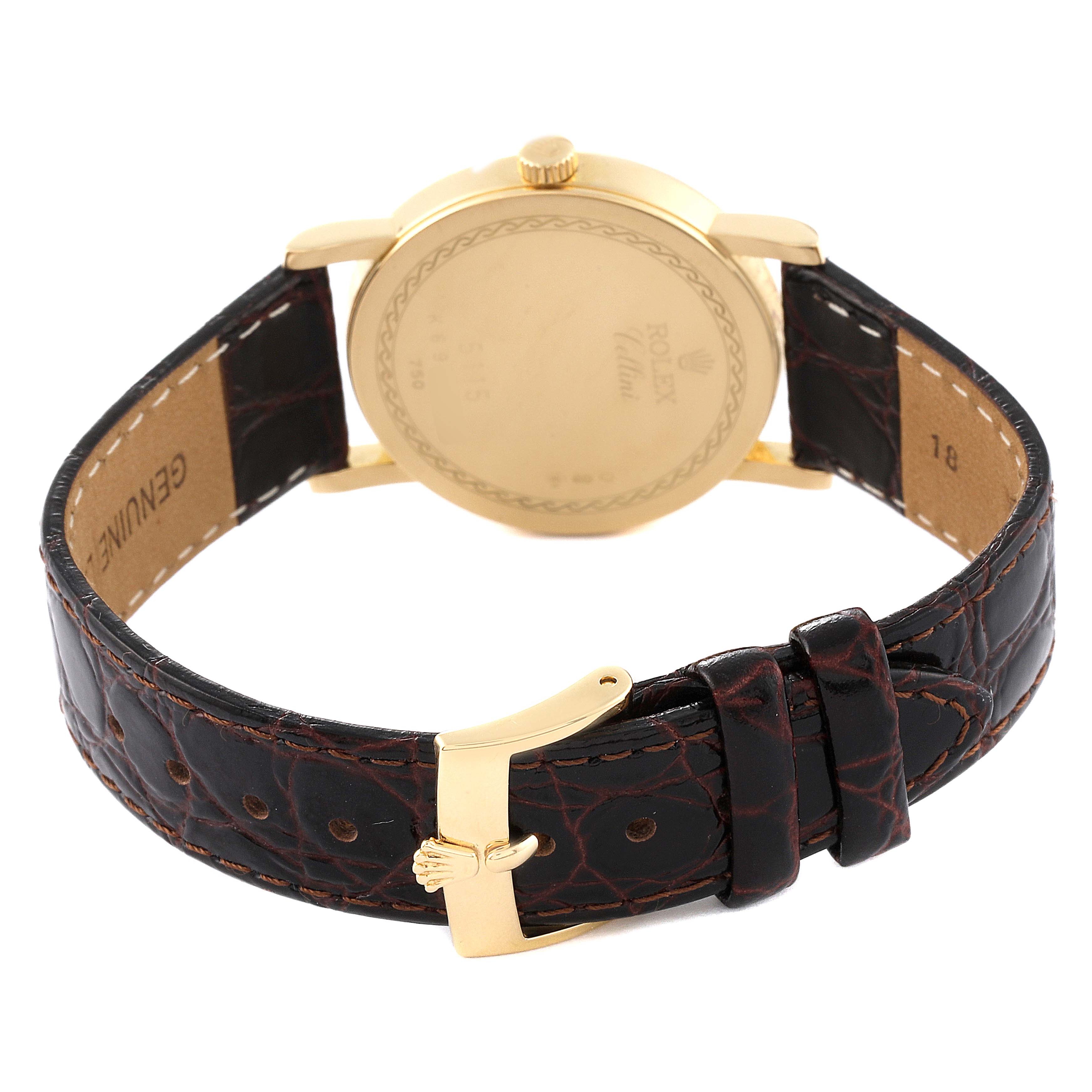 The image shows the back case, leather strap, and buckle of a Rolex Cellini 5115/8 Men's Yellow Gold Beige Dial 5115/8 Men's Yellow Gold Beige Dial watch.