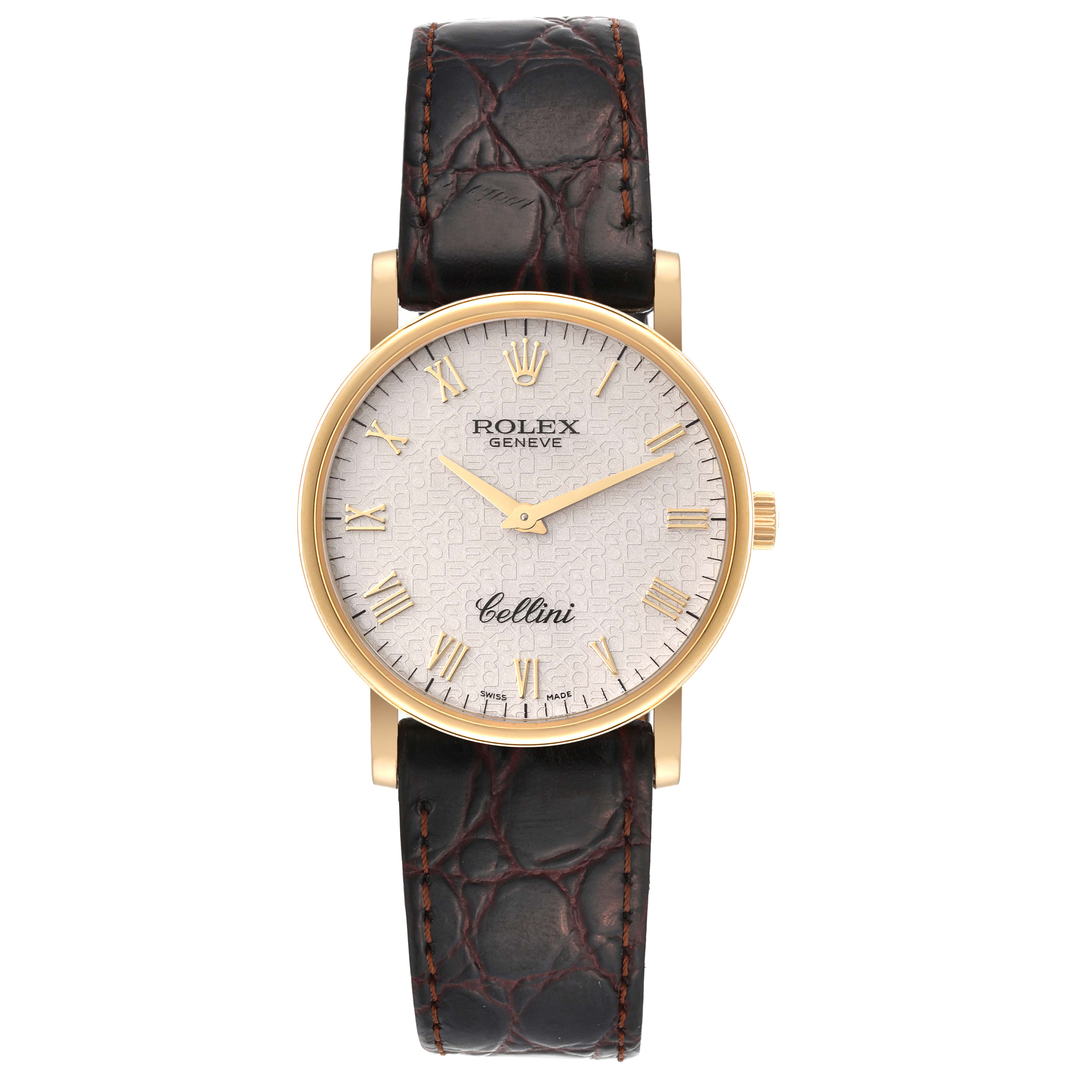 The image shows a Rolex Cellini 5115/8 Men's Yellow Gold Beige Dial 5115/8 Men's Yellow Gold Beige Dial watch from a front view, highlighting its dial, hands, case, and leather strap.