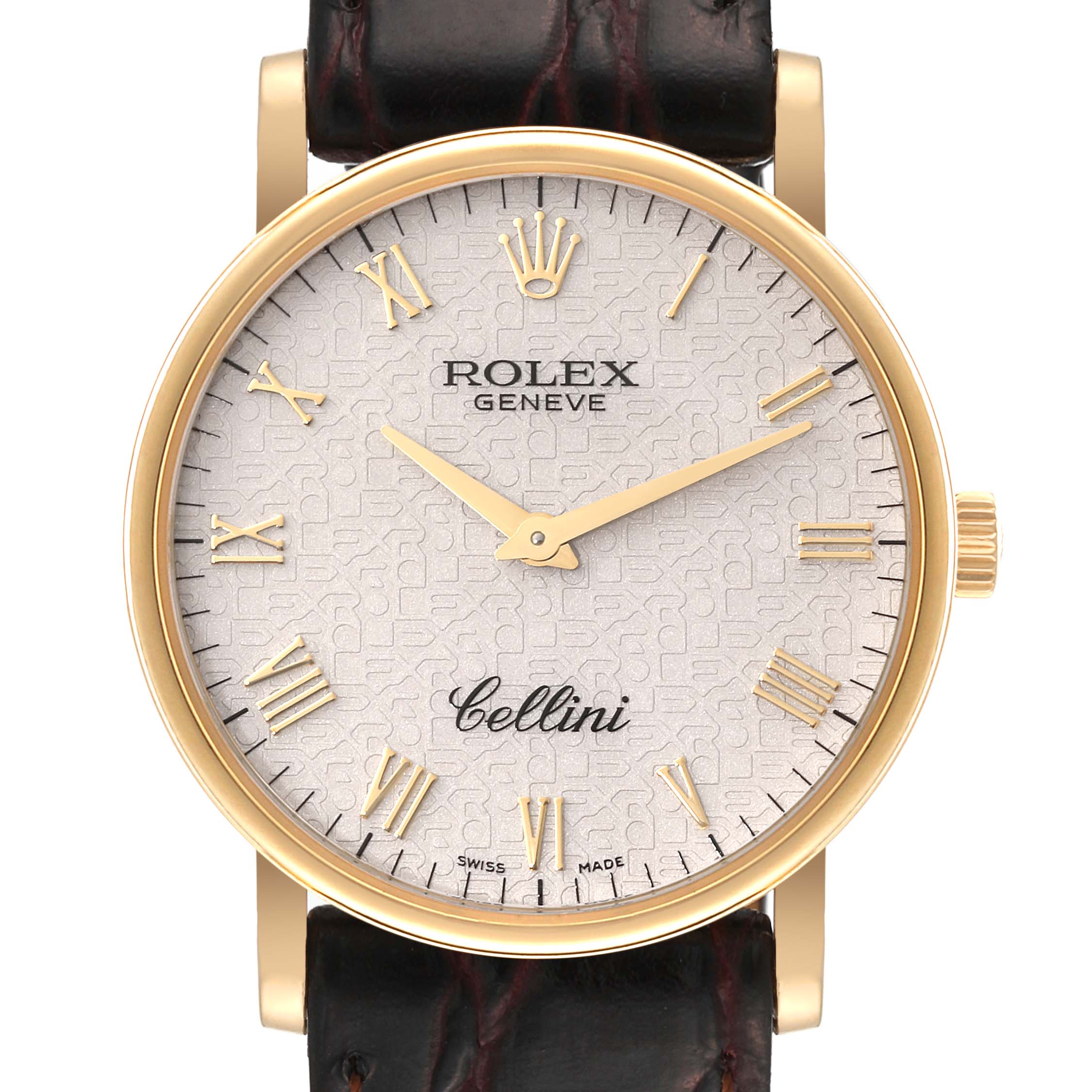 This image shows a front view of the Rolex Cellini 5115/8 Men's Yellow Gold Beige Dial 5115/8 Men's Yellow Gold Beige Dial watch, highlighting its dial, crown, and part of the leather strap.