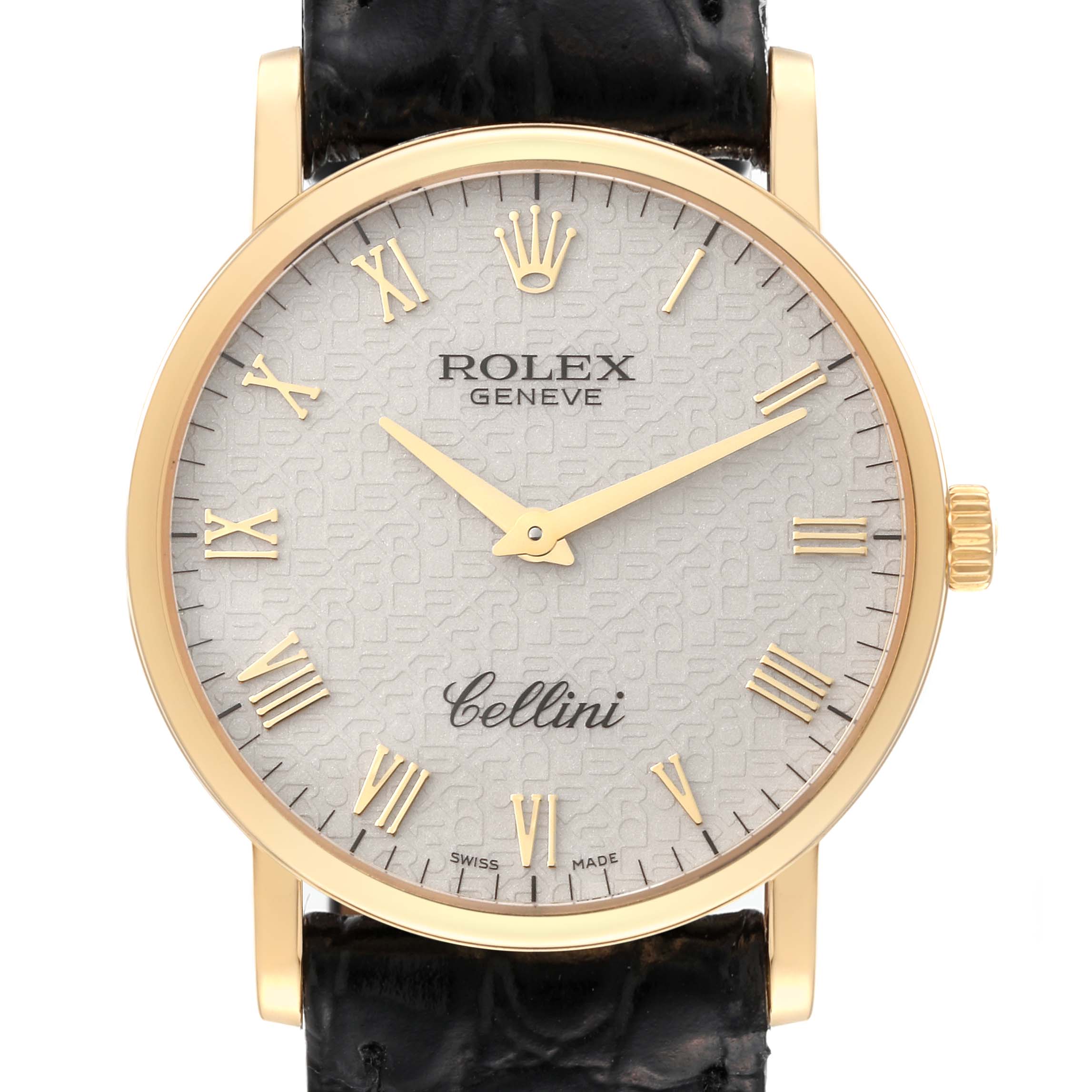 The image shows a front view of a Rolex Cellini 5115/8 Men's Yellow Gold White Dial 5115/8 Men's Yellow Gold White Dial watch, highlighting the dial, hands, case, and part of the leather strap.