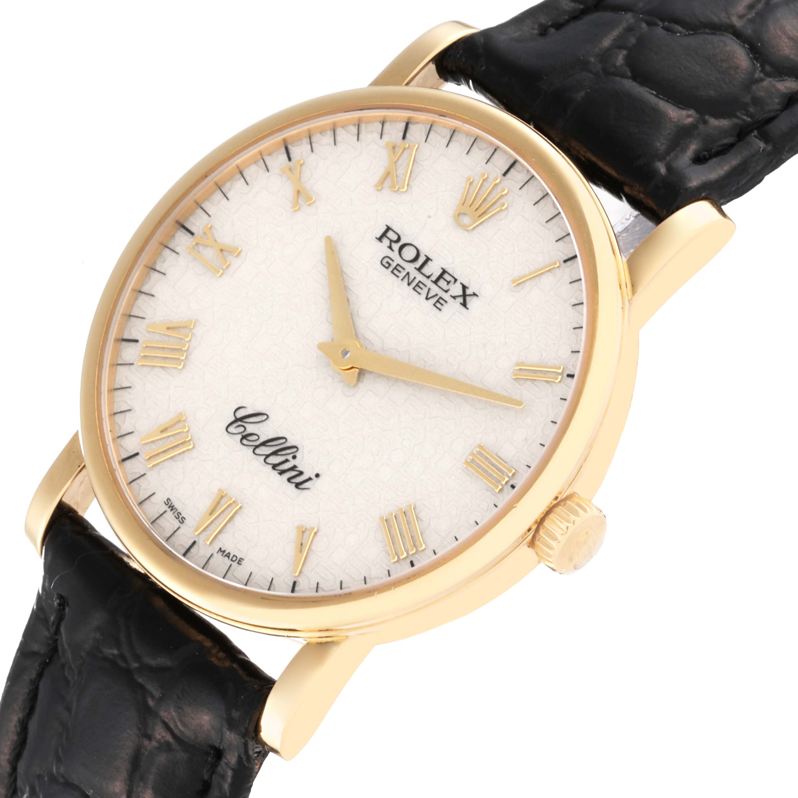 The Rolex Cellini 5115/8 Men's Yellow Gold White Dial 5115/8 Men's Yellow Gold White Dial watch is shown at an angled top view, highlighting the dial, bezel, crown, and black leather strap.