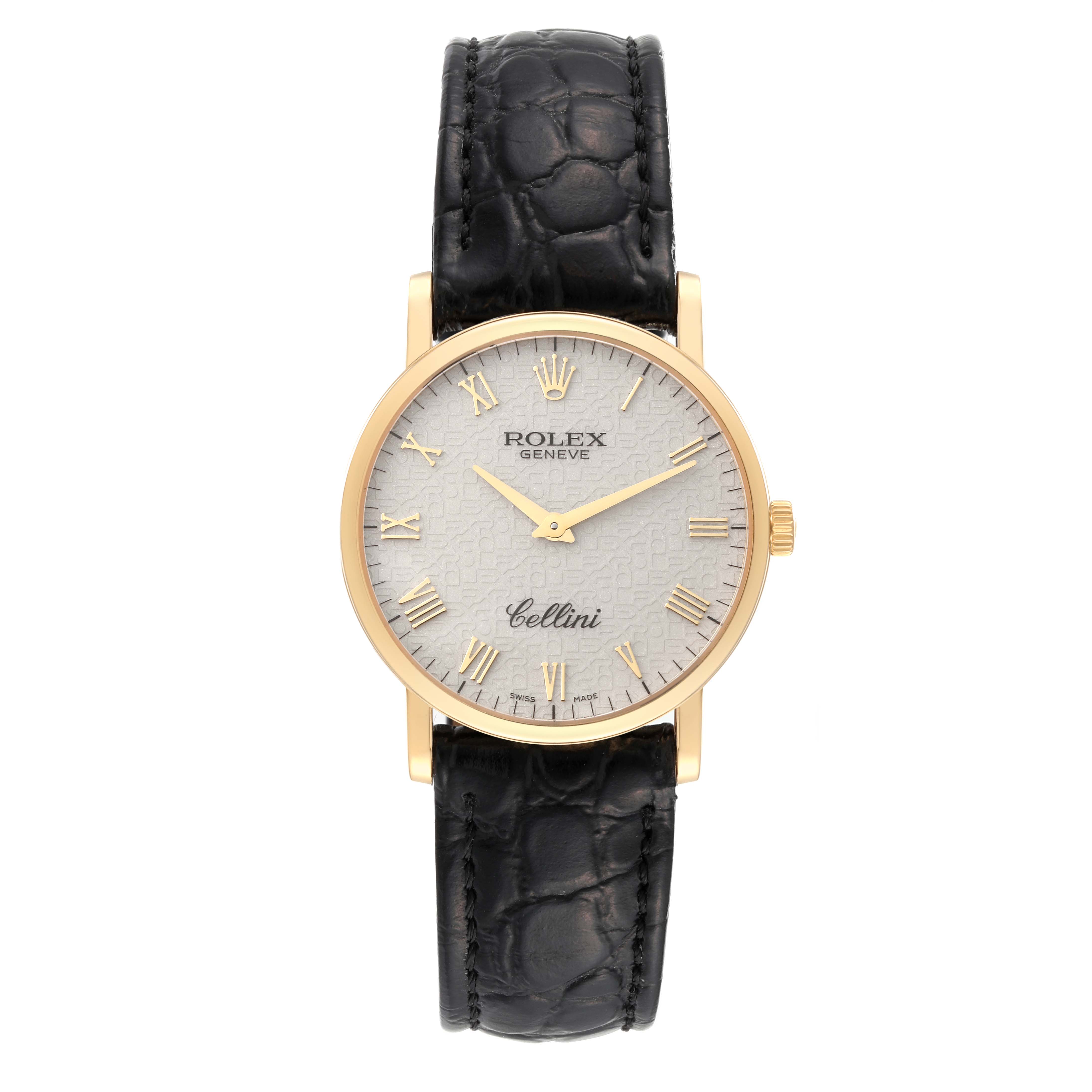 This Rolex Cellini 5115/8 Men's Yellow Gold White Dial 5115/8 Men's Yellow Gold White Dial watch is shown from a front angle, displaying the face, case, crown, and leather strap.