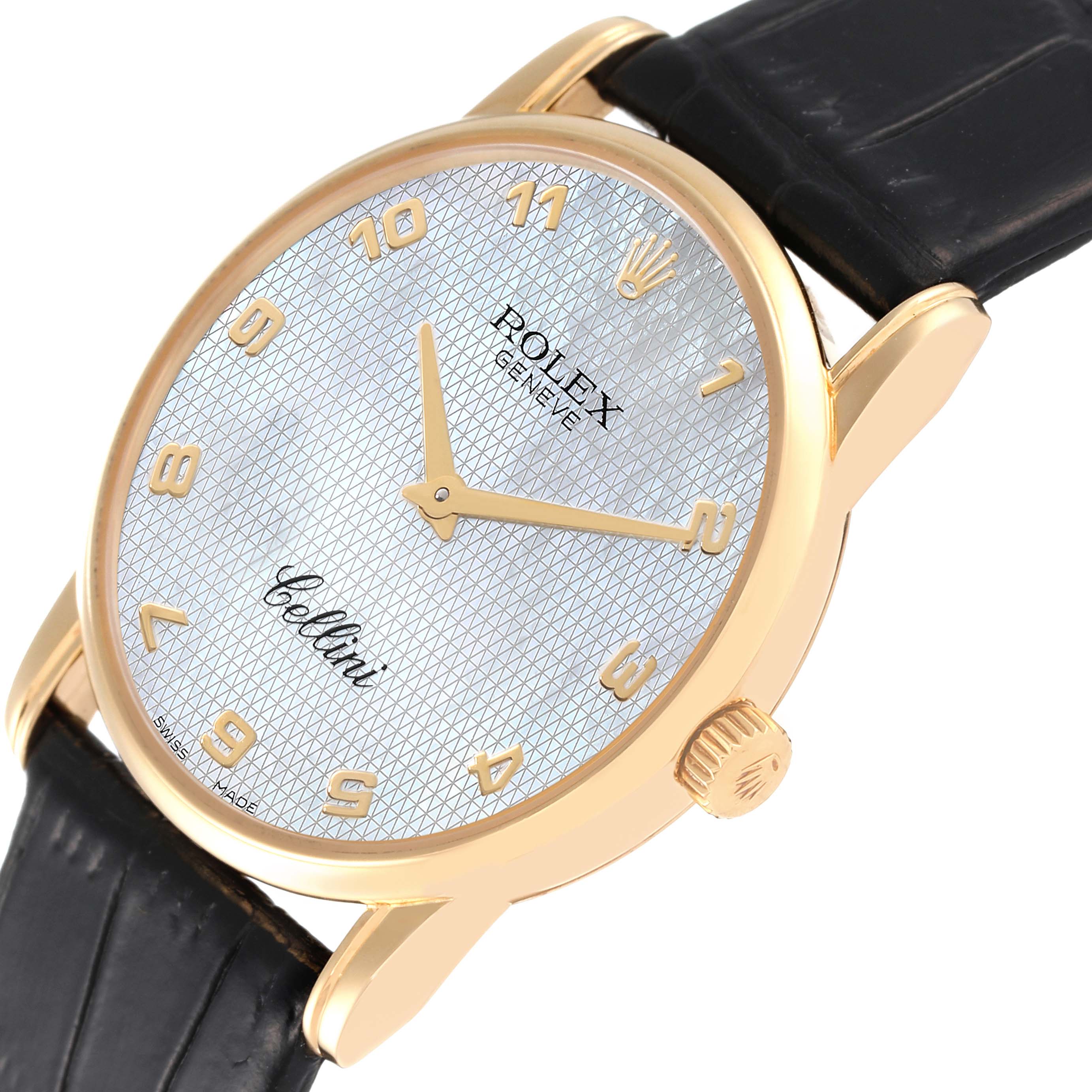 The image shows a Rolex Cellini 5116 Men's Yellow Gold Mother of Pearl Dial 5116 Men's Yellow Gold Mother of Pearl Dial watch from a slightly angled top view, displaying the dial, hands, casing, crown, and strap.