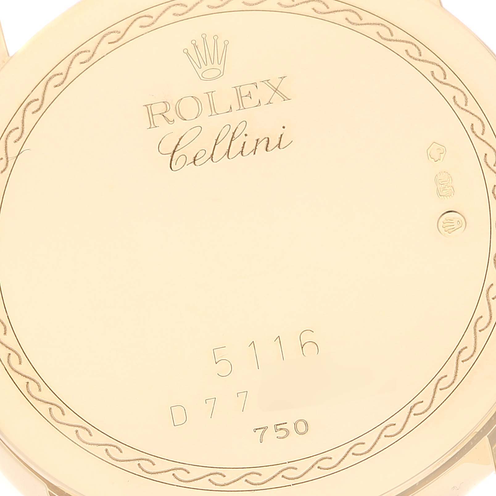 The image shows the back cover of a Rolex Cellini 5116 Men's Yellow Gold Mother of Pearl Dial 5116 Men's Yellow Gold Mother of Pearl Dial watch, engraved with branding, model number, and hallmarks.
