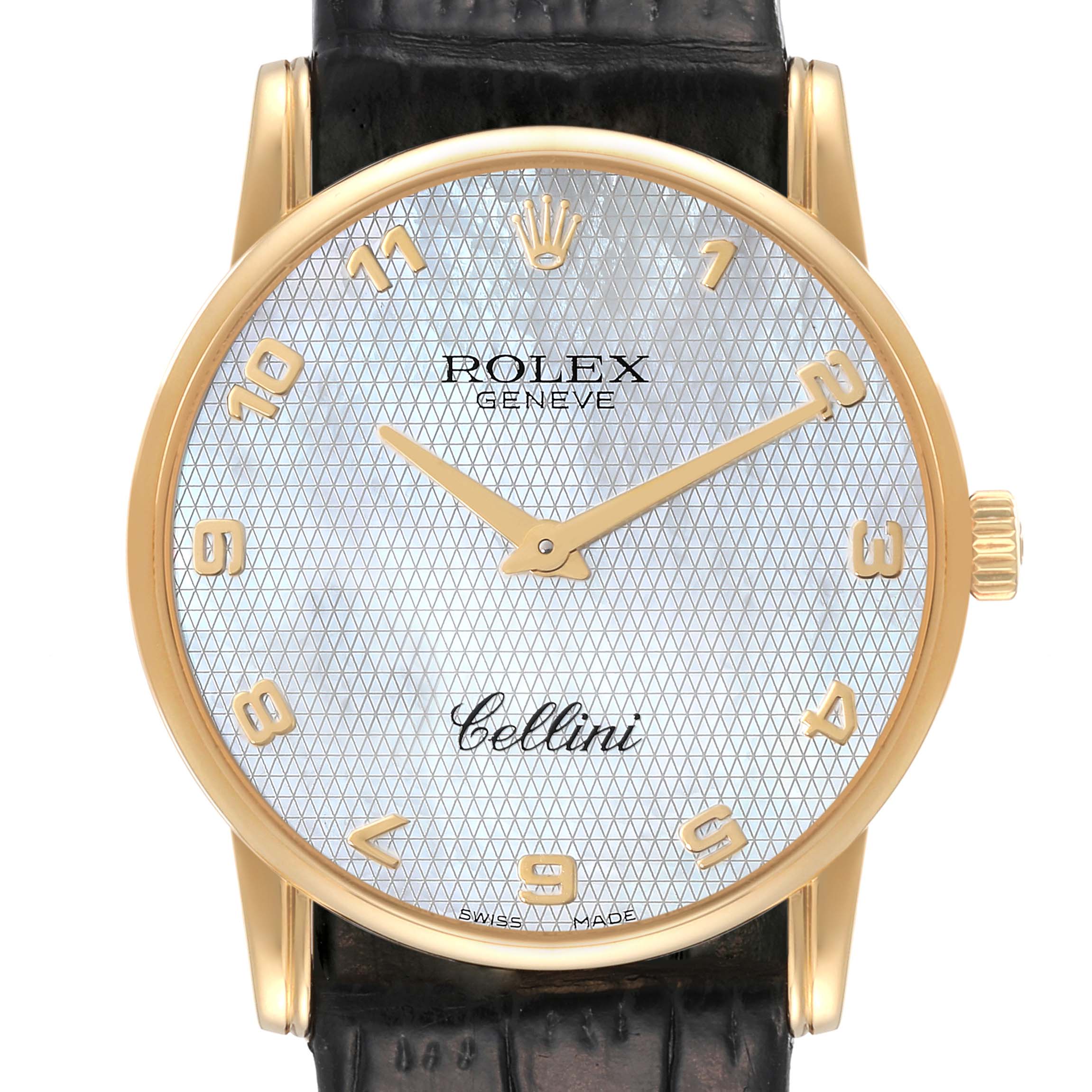 The image shows a front view of a Rolex Cellini 5116 Men's Yellow Gold Mother of Pearl Dial 5116 Men's Yellow Gold Mother of Pearl Dial watch, highlighting its gold case, textured dial, numerals, and black leather strap.