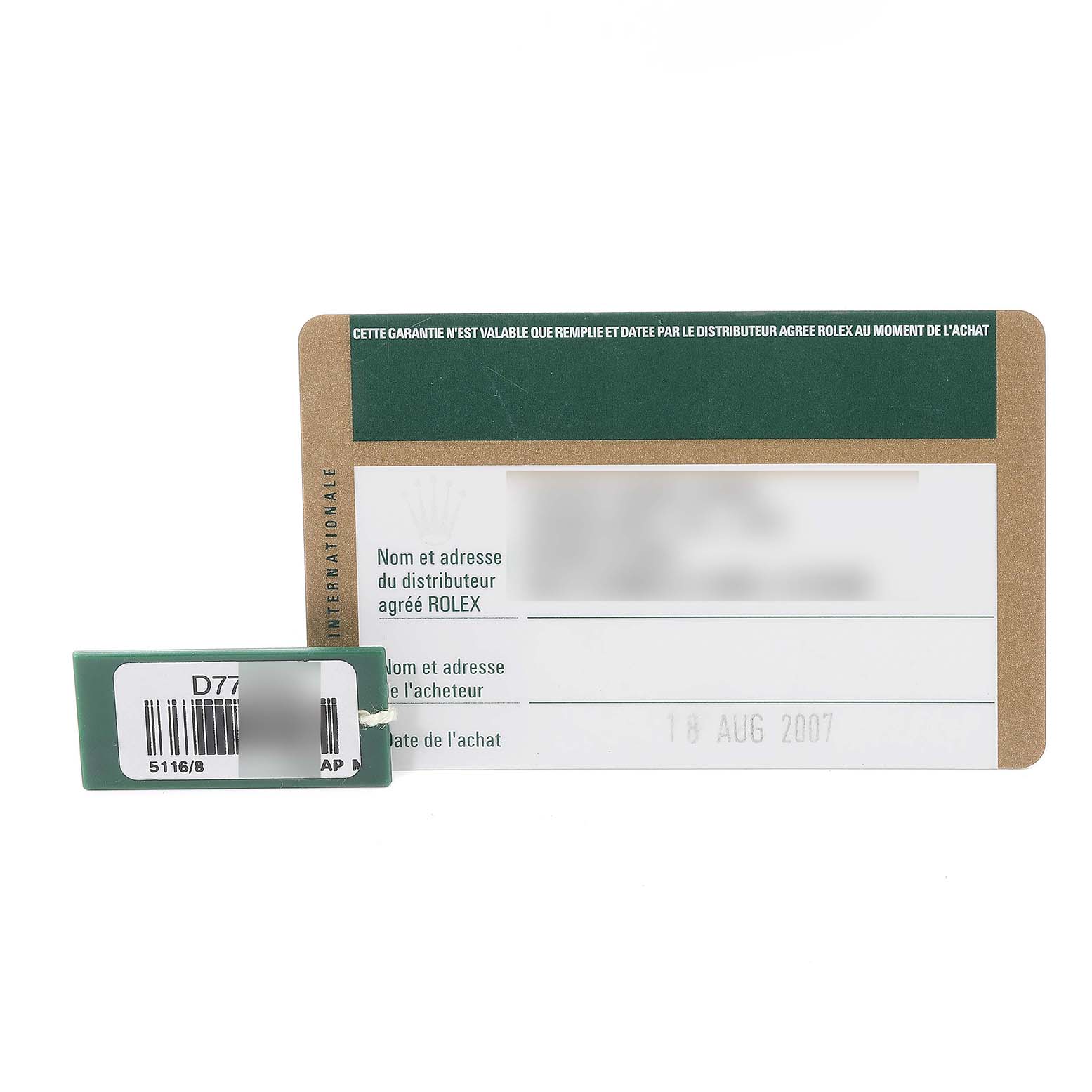 This image shows a guarantee card and tag for a Rolex Cellini 5116 Men's Yellow Gold Mother of Pearl Dial 5116 Men's Yellow Gold Mother of Pearl Dial model watch.