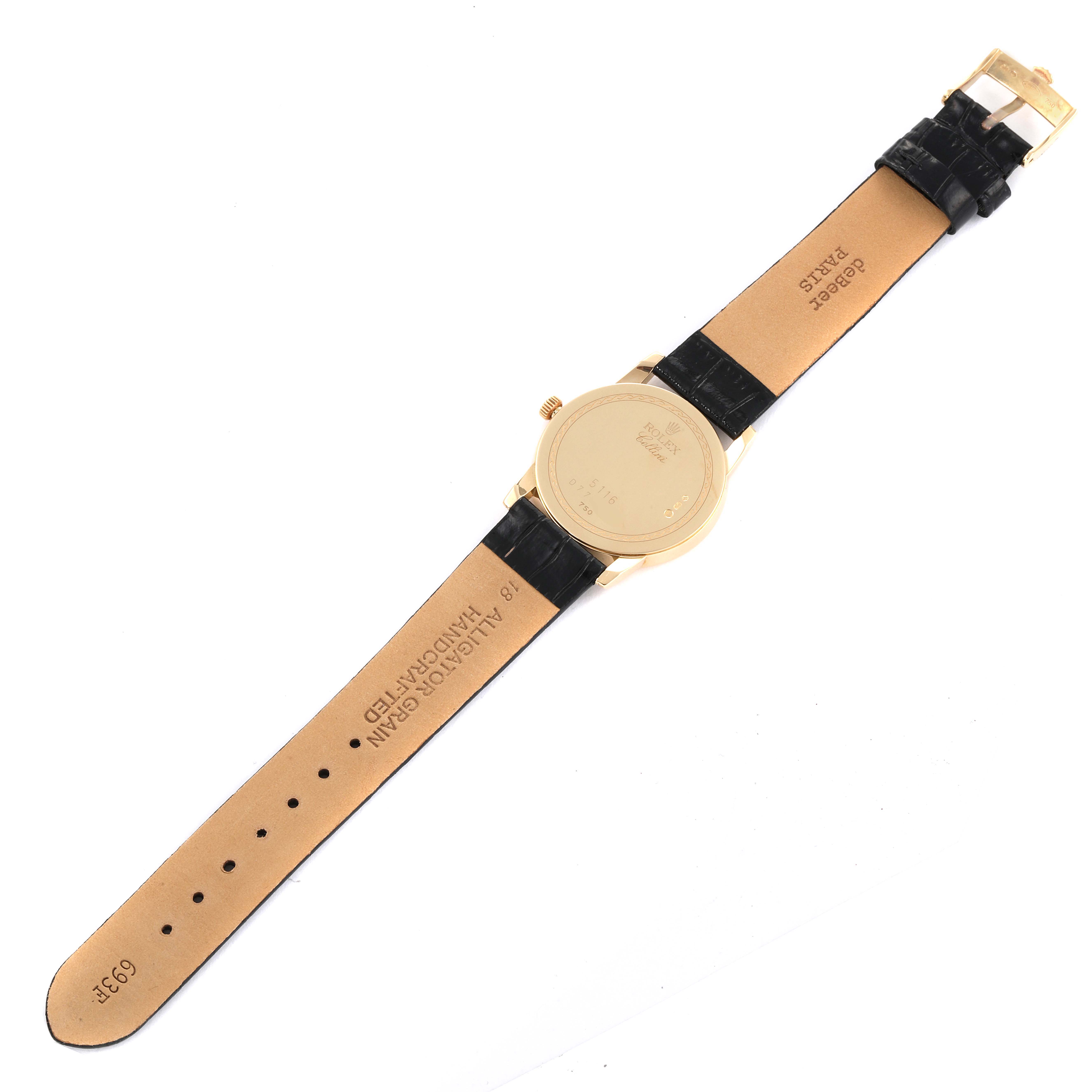 This image shows the back and strap of a Rolex Cellini 5116 Men's Yellow Gold Mother of Pearl Dial 5116 Men's Yellow Gold Mother of Pearl Dial watch, viewed from a flat, top-down angle.