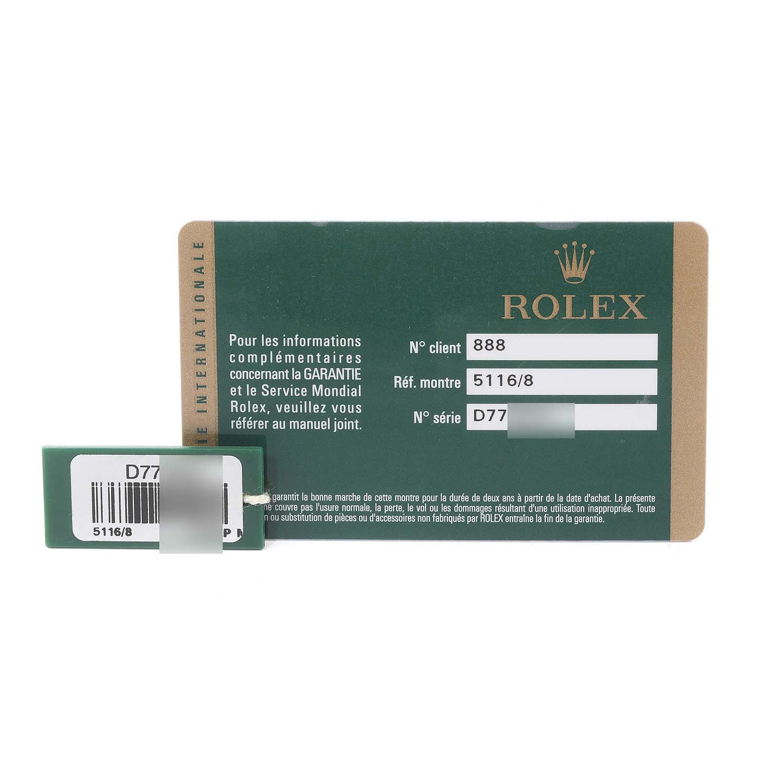 This image shows a warranty card and tag for the Rolex Cellini 5116 Men's Yellow Gold Mother of Pearl Dial 5116 Men's Yellow Gold Mother of Pearl Dial model with reference number 5116/8.