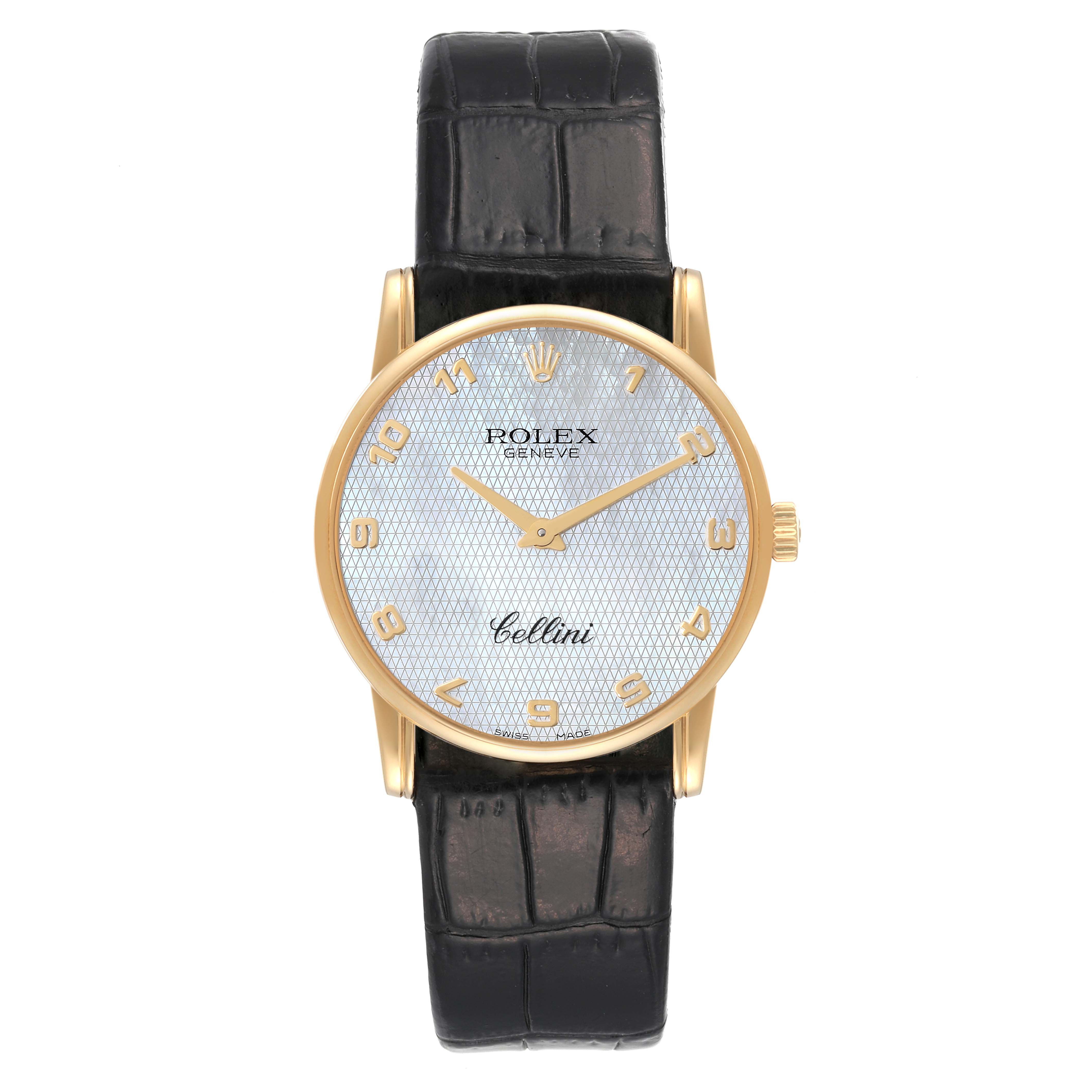 This Rolex Cellini 5116 Men's Yellow Gold Mother of Pearl Dial 5116 Men's Yellow Gold Mother of Pearl Dial watch is shown from the front, featuring a gold case, white dial, gold numerals, and a black leather strap.