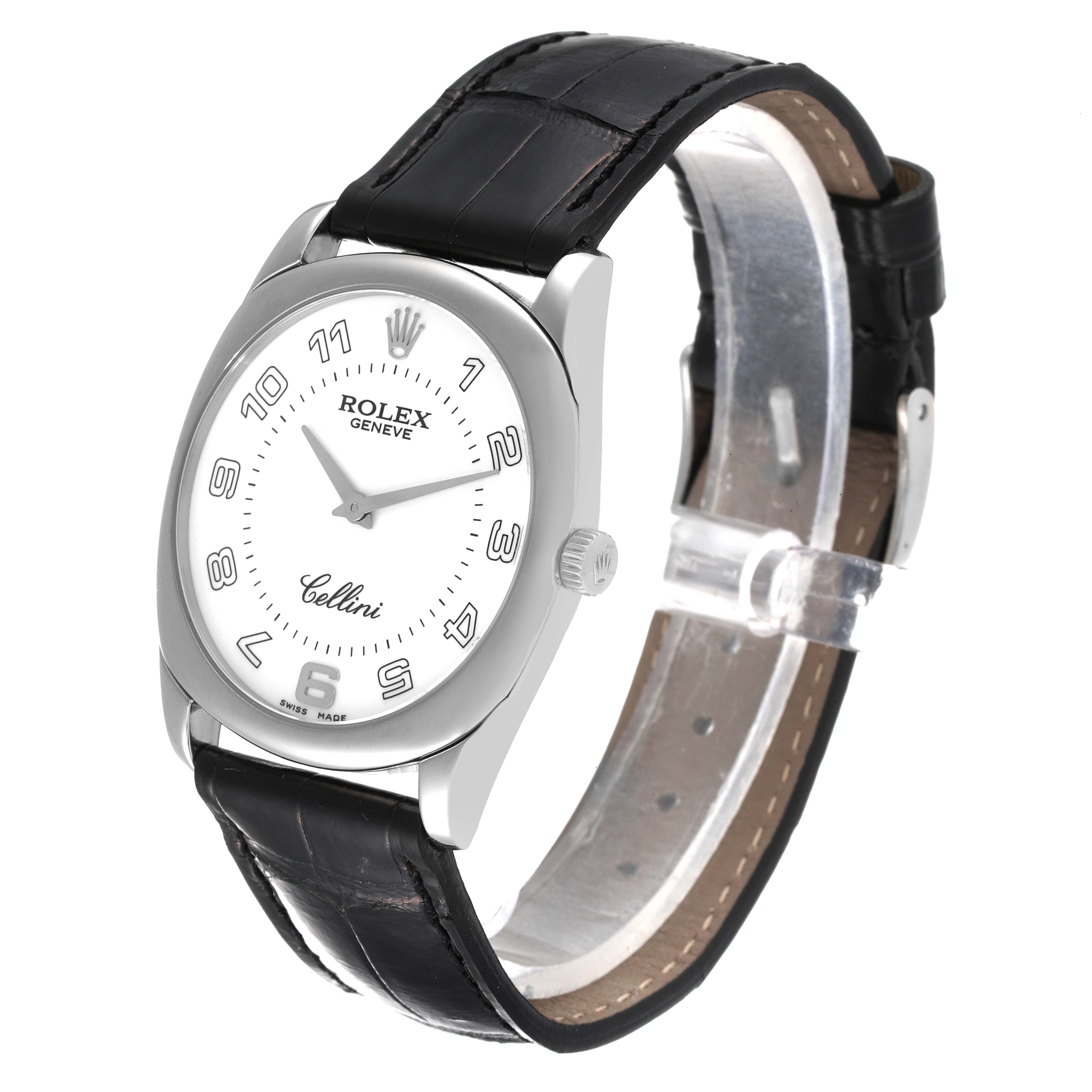 The Rolex Cellini 4233 Men
s White Gold Black Dial 4233 Men
s White Gold Black Dial watch is shown at a slight angle, displaying the face, crown, and black leather strap.