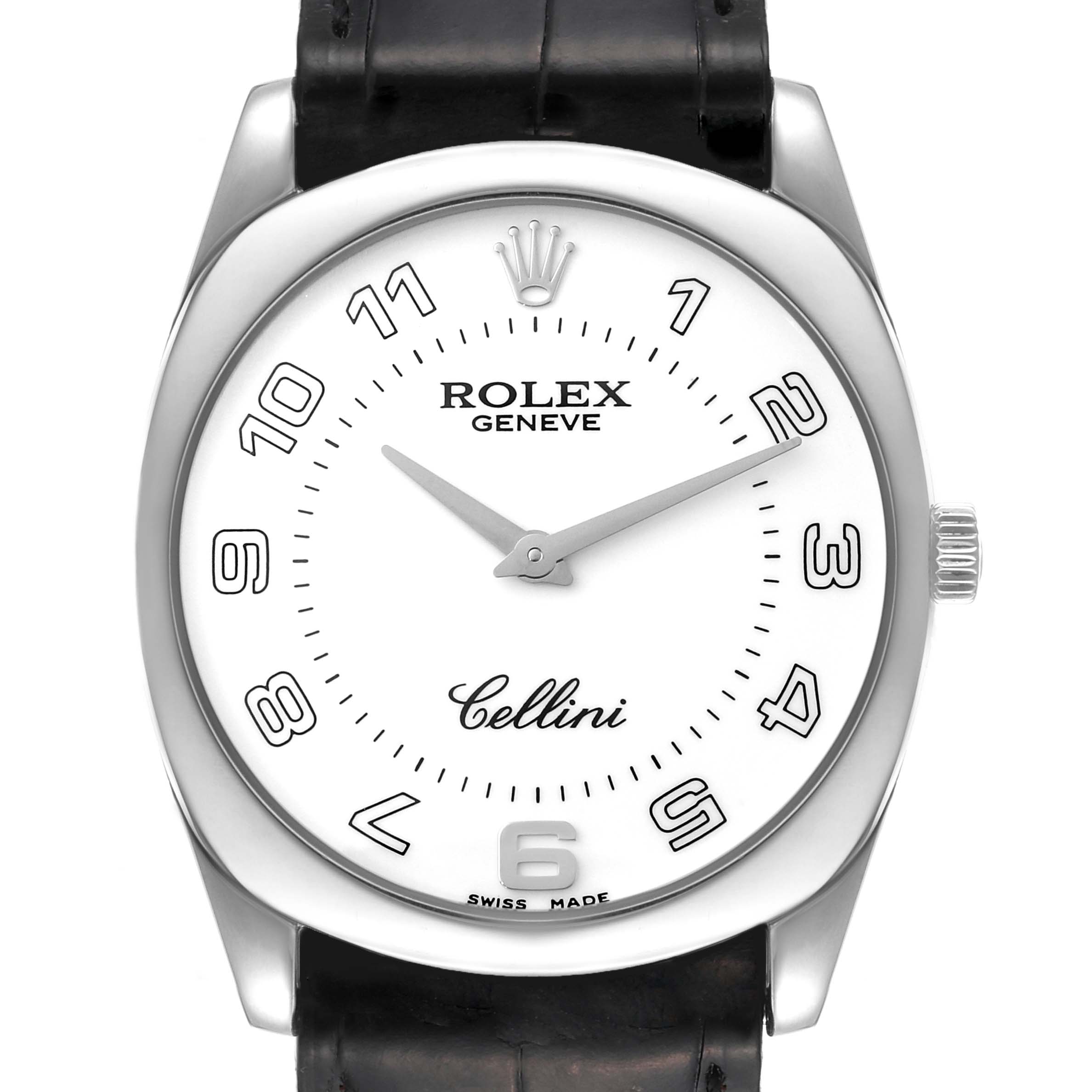 The image shows a front view of a Rolex Cellini 4233 Men
s White Gold Black Dial 4233 Men
s White Gold Black Dial watch, featuring its face, hands, and part of the strap.