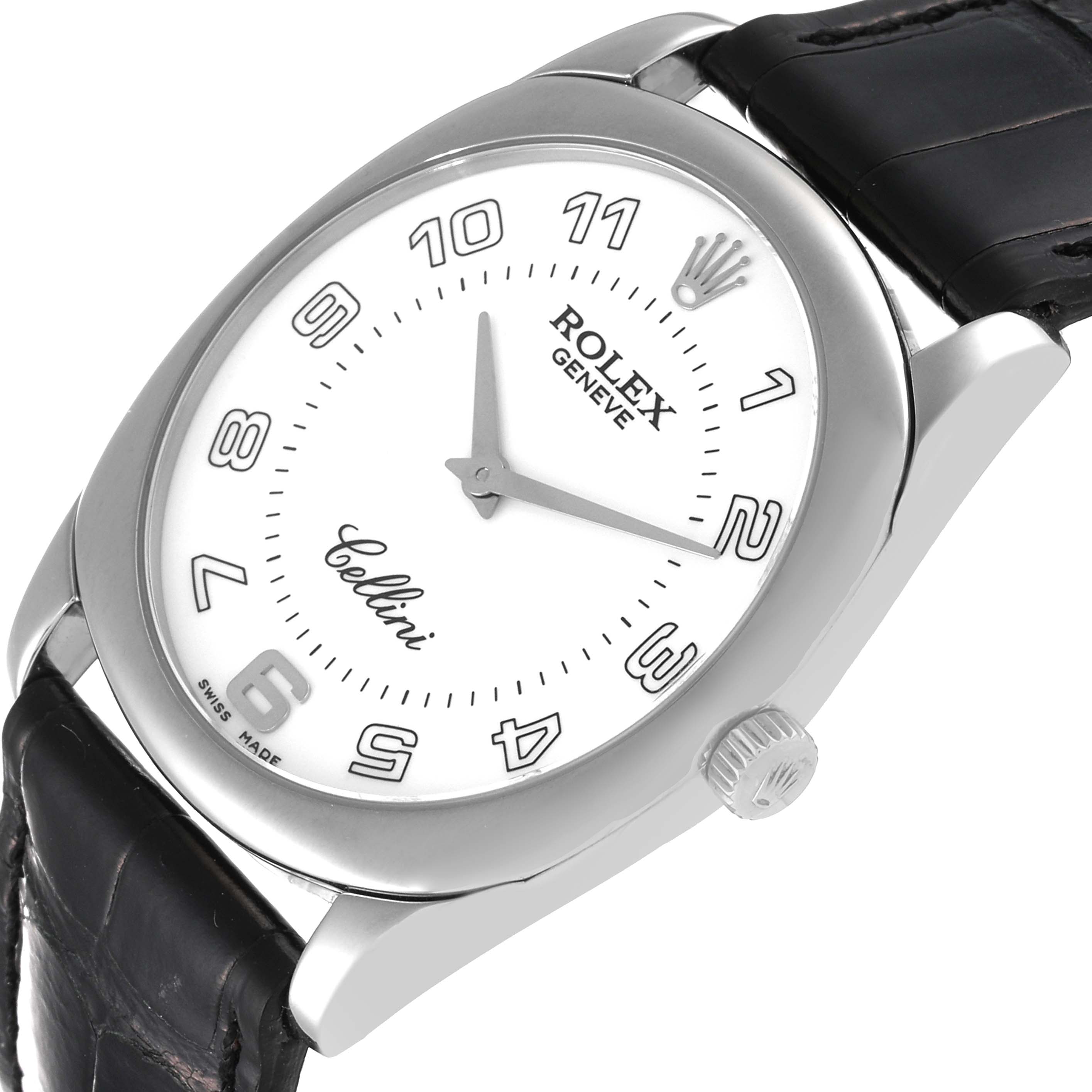 The Rolex Cellini 4233 Men
s White Gold Black Dial 4233 Men
s White Gold Black Dial watch is shown at an angled view, highlighting its face, crown, and leather strap.