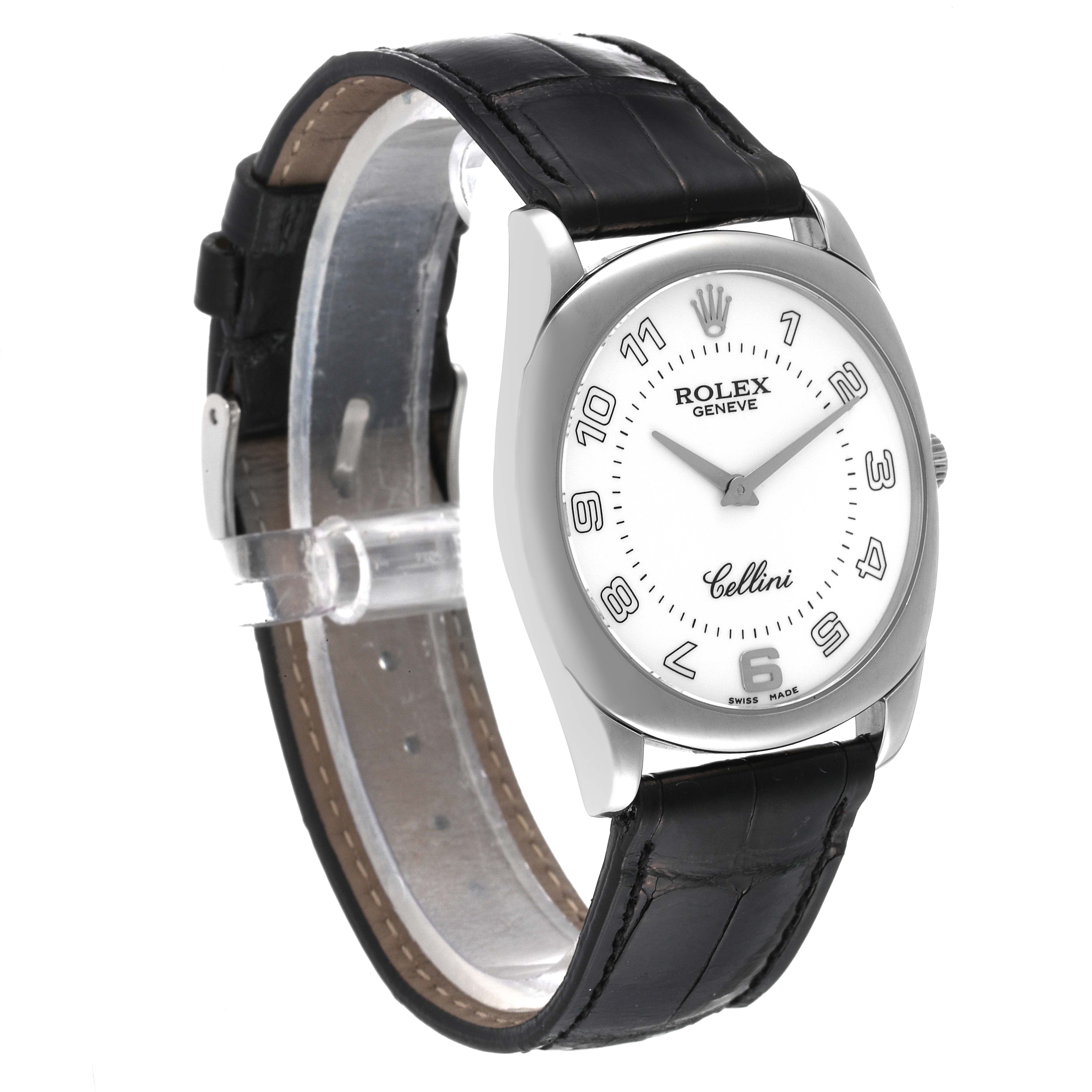 The image shows a three-quarter front view of a Rolex Cellini 4233 Men
s White Gold Black Dial 4233 Men
s White Gold Black Dial watch, showcasing the watch face and black leather strap.