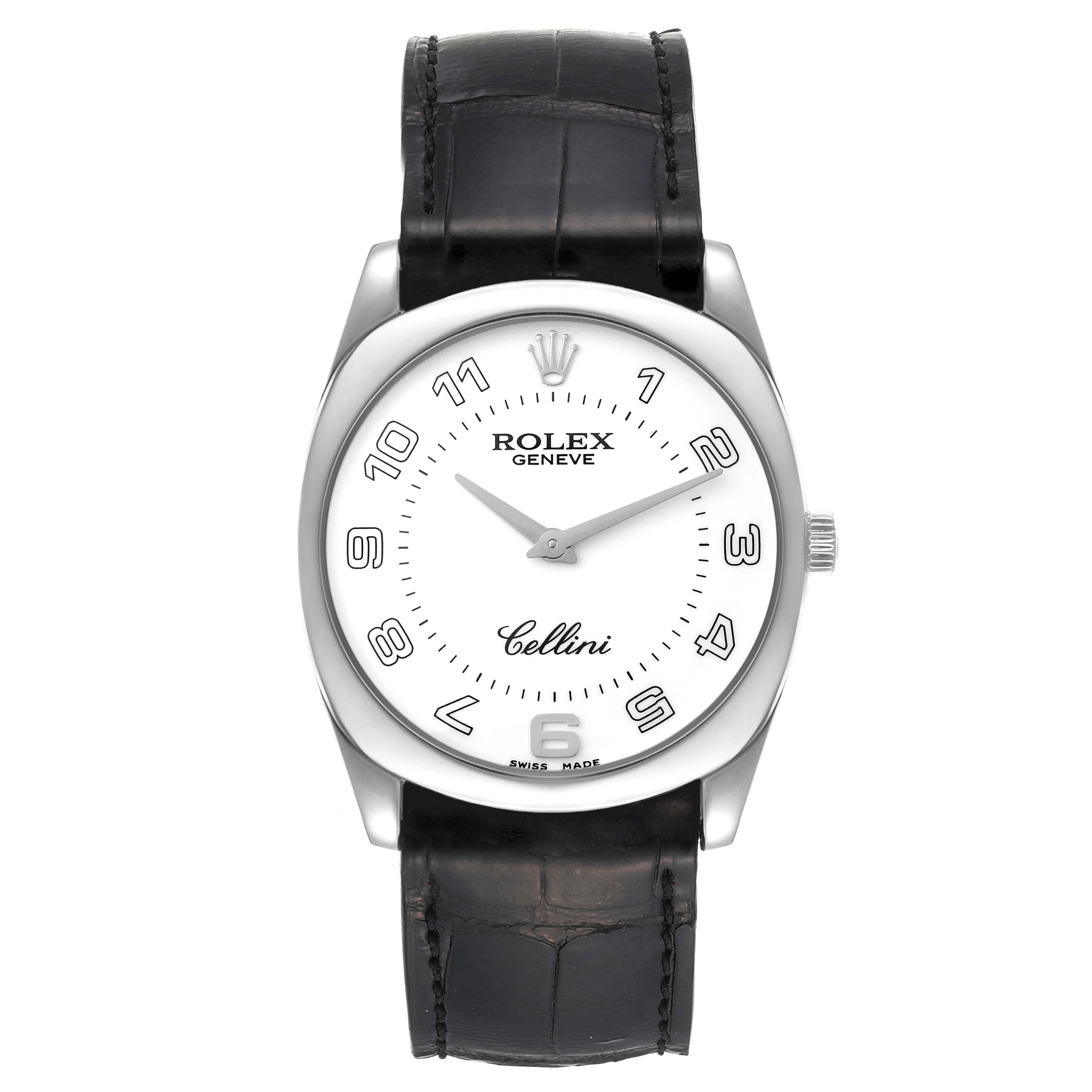 This image shows a front view of a Rolex Cellini 4233 Men
s White Gold Black Dial 4233 Men
s White Gold Black Dial watch with a white dial and a black leather strap.
