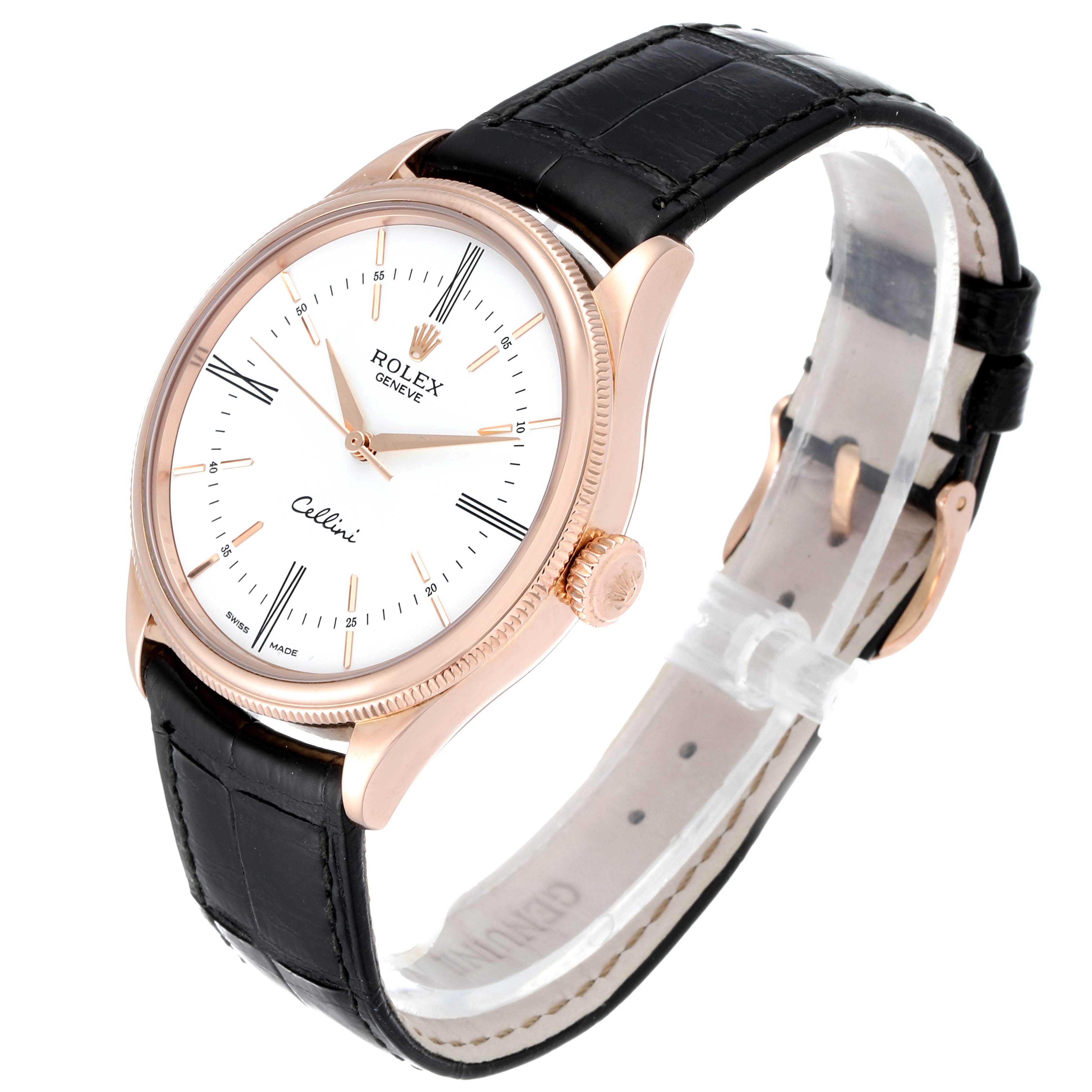 The Rolex Cellini 50505 Men
s Rose Gold White Dial 50505 Men
s Rose Gold White Dial model watch is shown at a three-quarter angle, highlighting its face, rose gold case, and black leather strap.