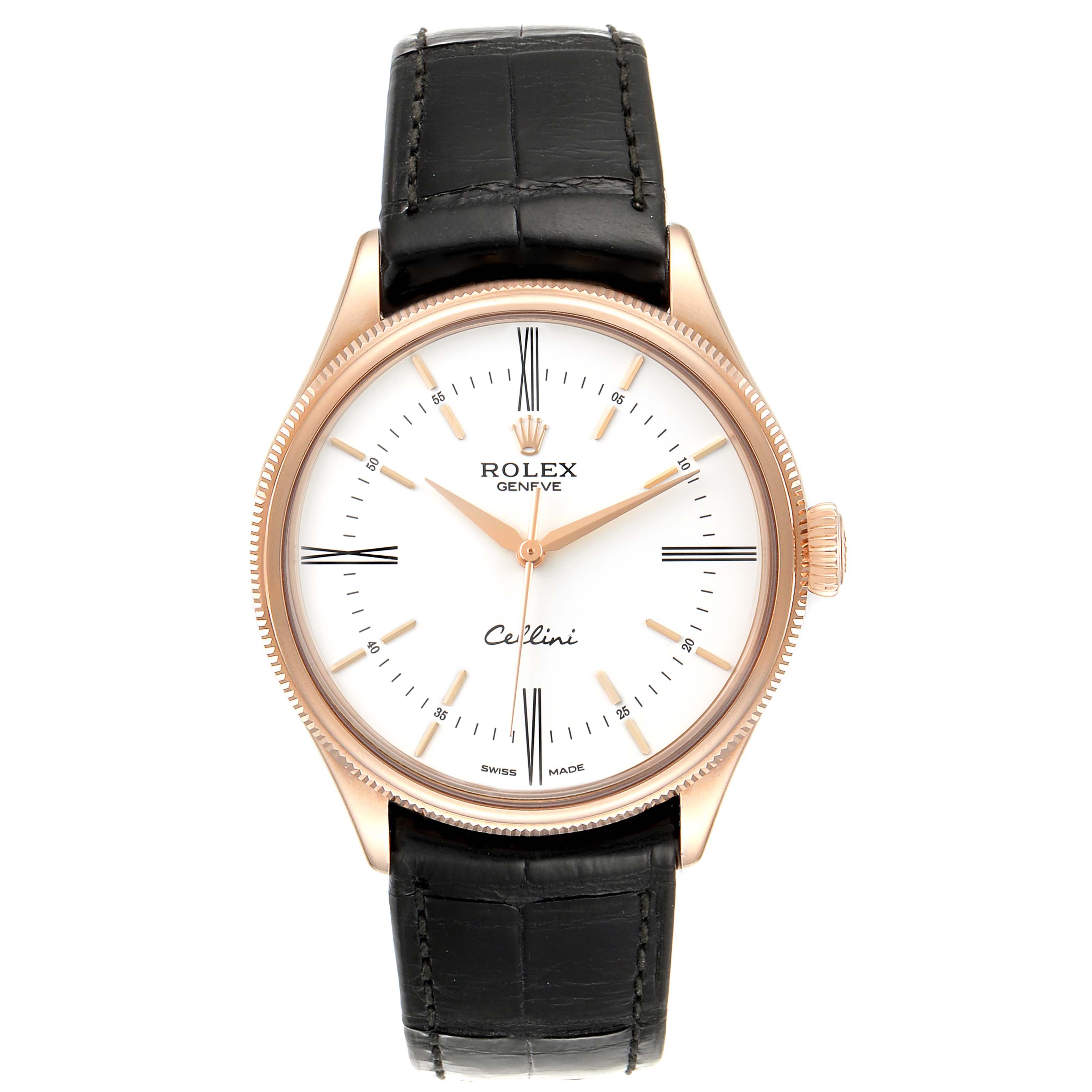 This image shows a front view of the Rolex Cellini 50505 Men
s Rose Gold White Dial 50505 Men
s Rose Gold White Dial watch, featuring the face, hands, crown, and leather strap.