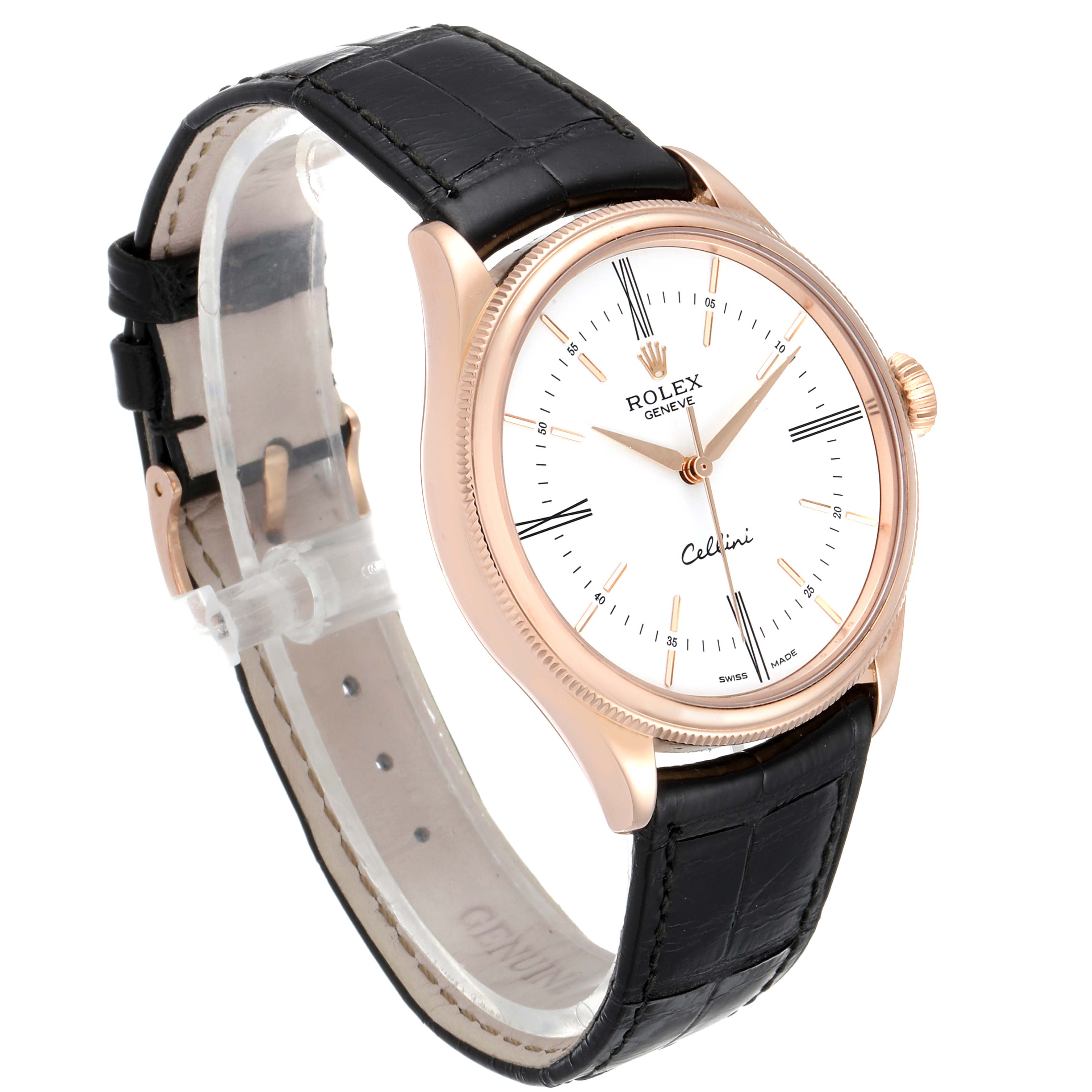 The image shows a Rolex Cellini 50505 Men
s Rose Gold White Dial 50505 Men
s Rose Gold White Dial watch, angled to display the face, crown, and black leather strap.