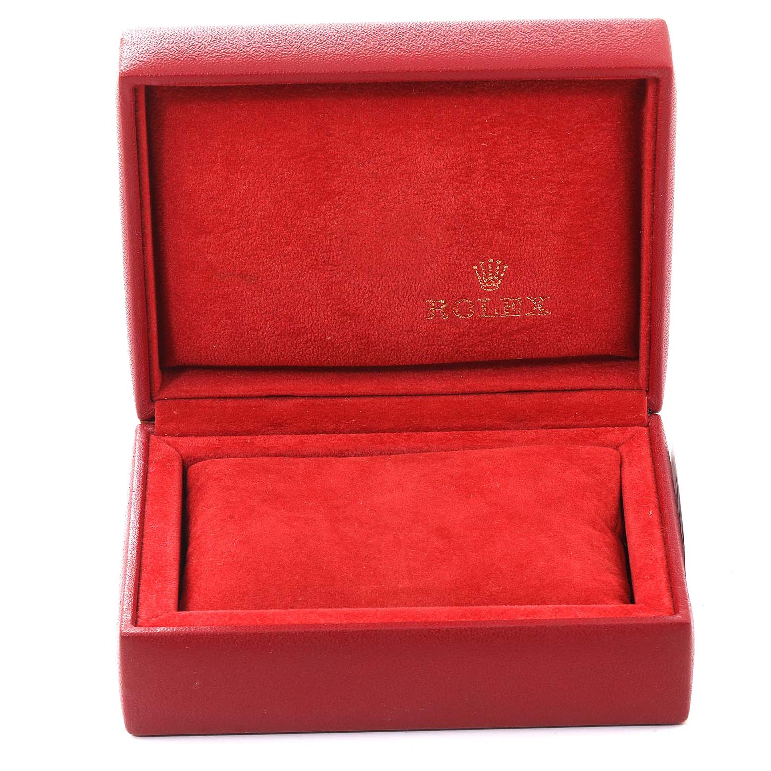 This image shows an open, red Rolex watch box for the Date model, viewed from the front.