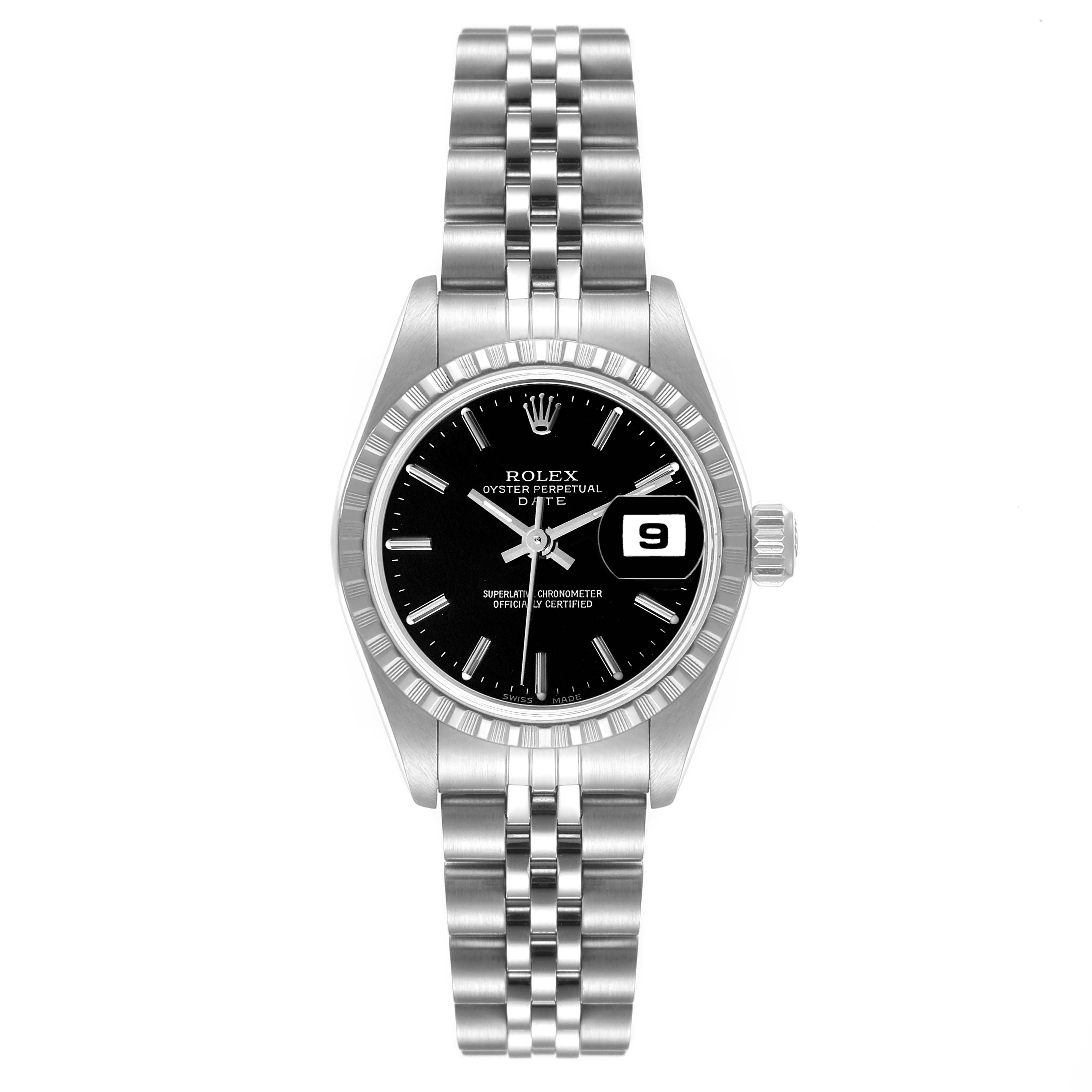 This Rolex Date 79240 Women's Stainless Steel Black Dial 79240 Women's Stainless Steel Black Dial model watch is shown from a top view, displaying the dial, bezel, bracelet, and date magnifier.