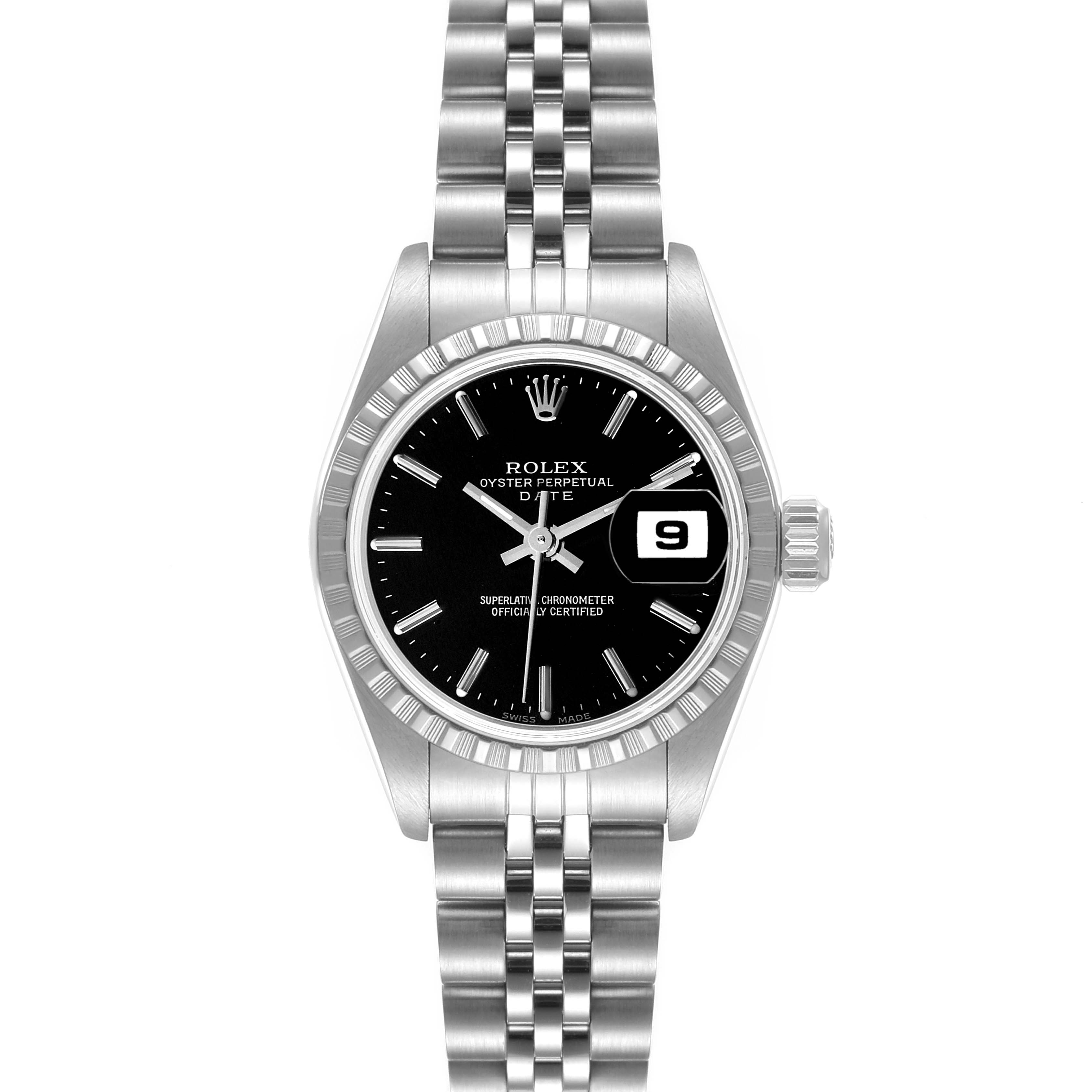 This image shows a front view of the Rolex Date 79240 Women's Stainless Steel Black Dial 79240 Women's Stainless Steel Black Dial model watch, displaying the case, dial, hands, crown, and bracelet.