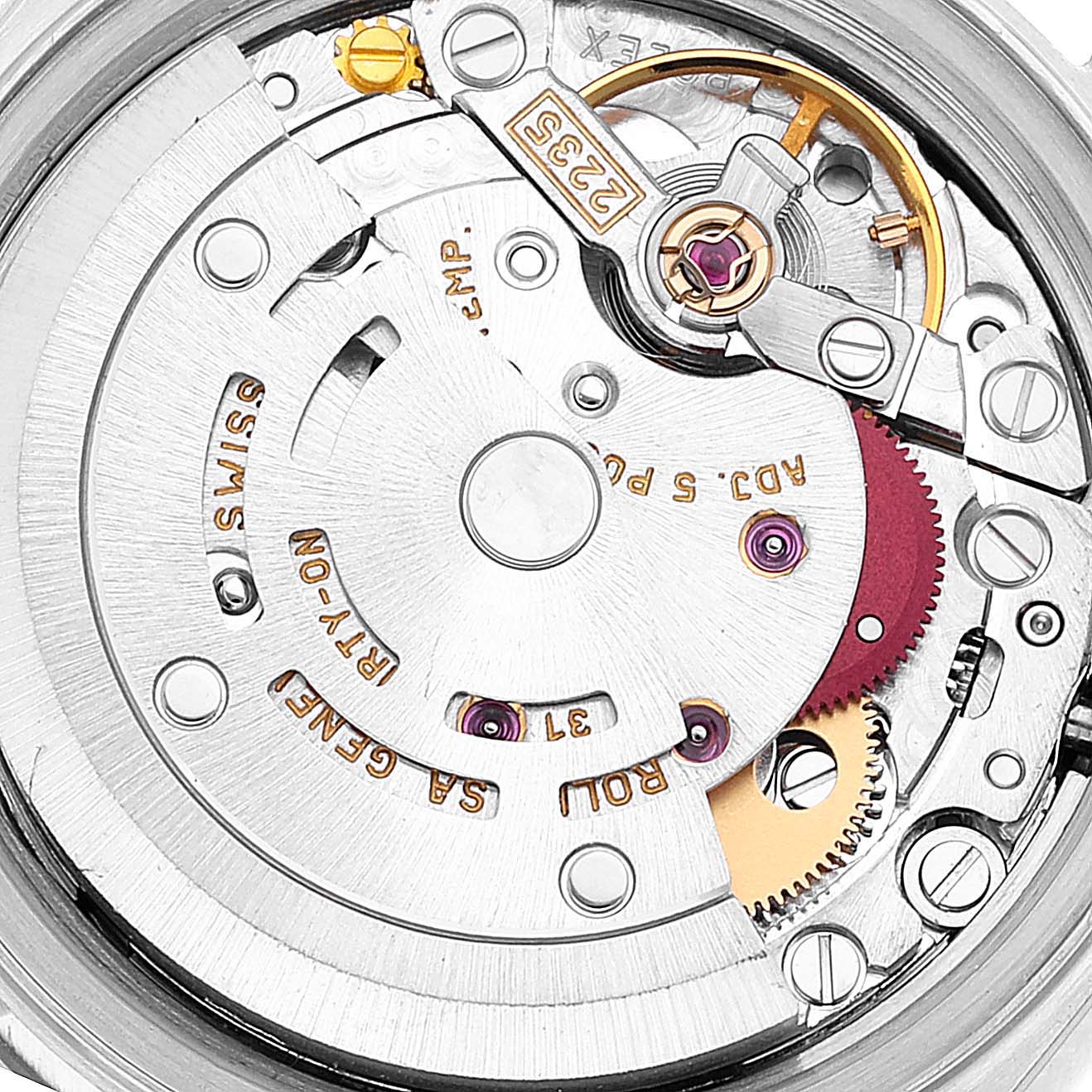 The image shows the internal mechanical movement of a Rolex Date 79240 Women's Stainless Steel Black Dial 79240 Women's Stainless Steel Black Dial model watch viewed from the back.