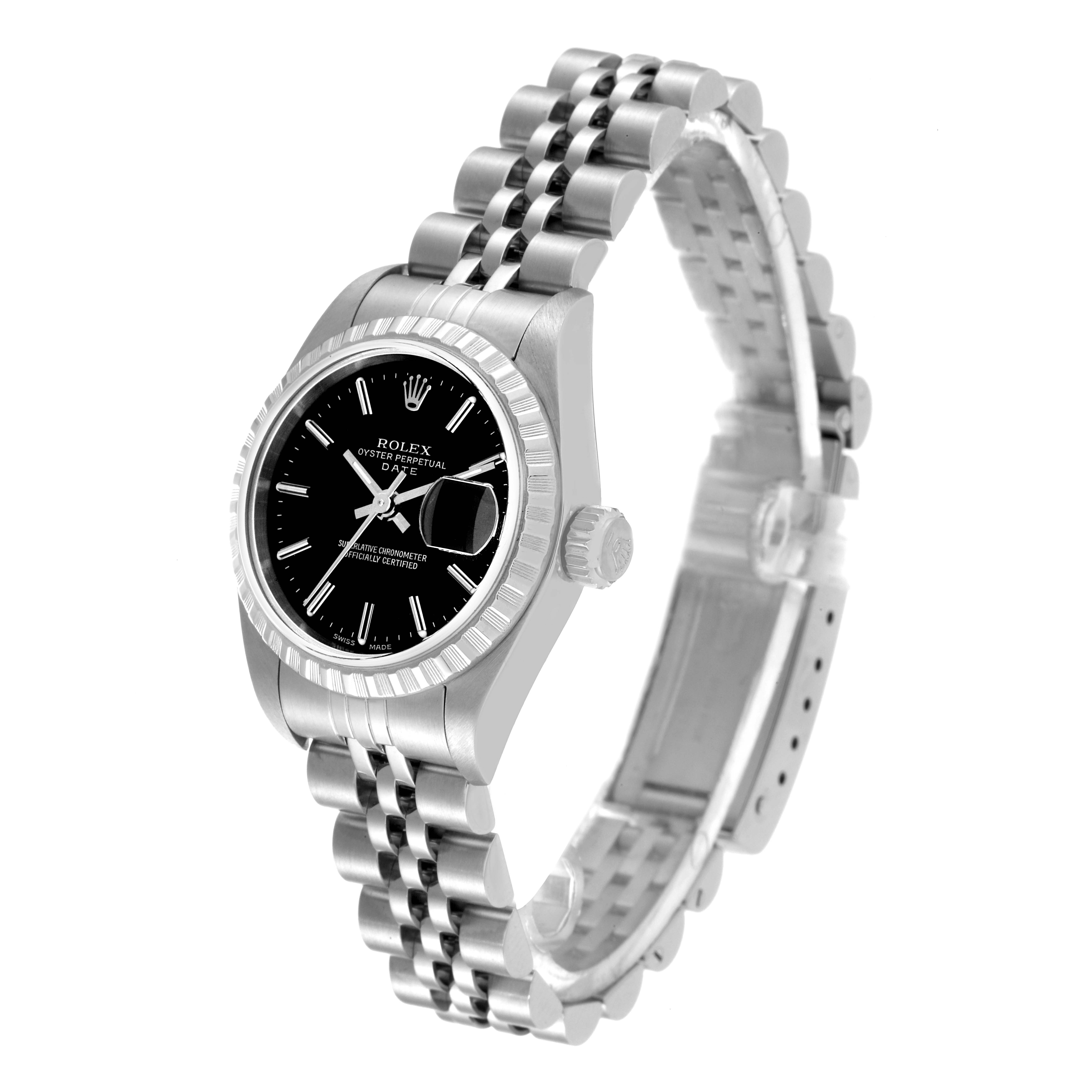 The image shows a Rolex Date 79240 Women's Stainless Steel Black Dial 79240 Women's Stainless Steel Black Dial model watch at a three-quarter angle, displaying its face, bezel, crown, and bracelet.