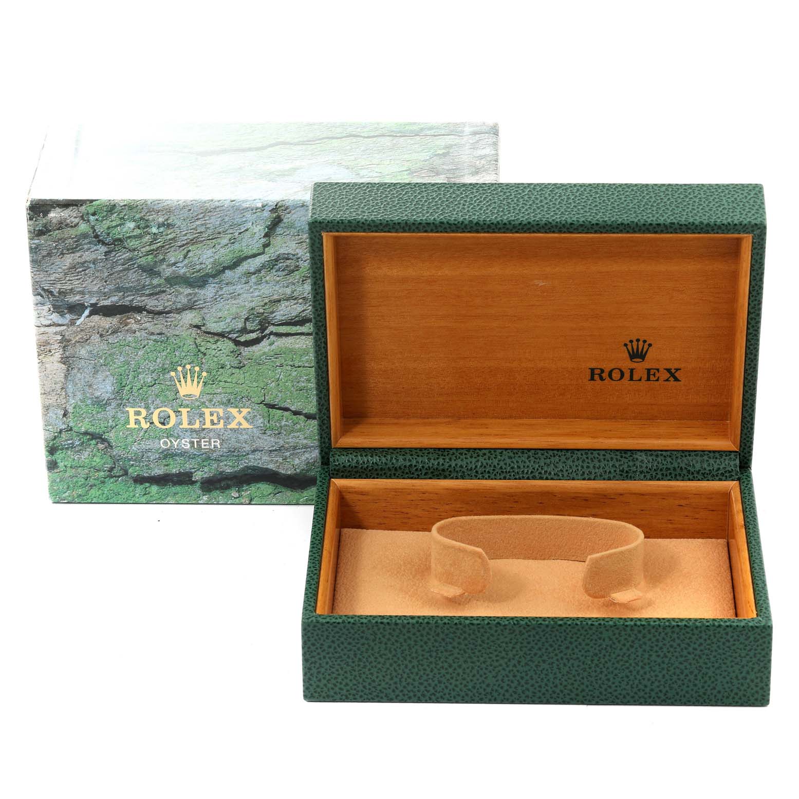 The image shows an open green Rolex watch box with a cushioned interior for holding a Rolex Date 15200 Men
s Stainless Steel Blue Dial 15200 Men
s Stainless Steel Blue Dial model watch, alongside its outer box.