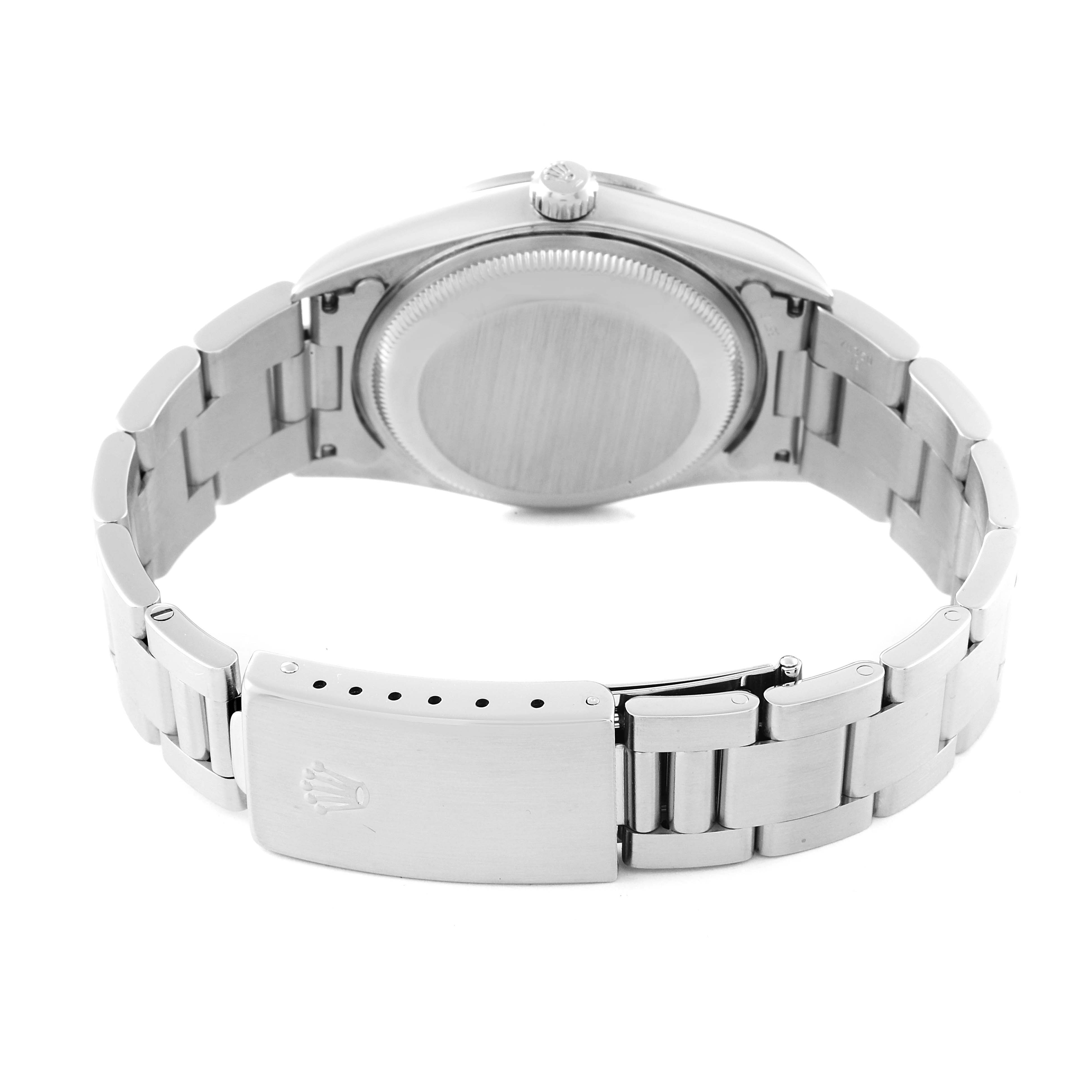 This image shows the back view of a Rolex Date 15200 Men
s Stainless Steel Blue Dial 15200 Men
s Stainless Steel Blue Dial model watch, focusing on the case back and the metal bracelet clasp.