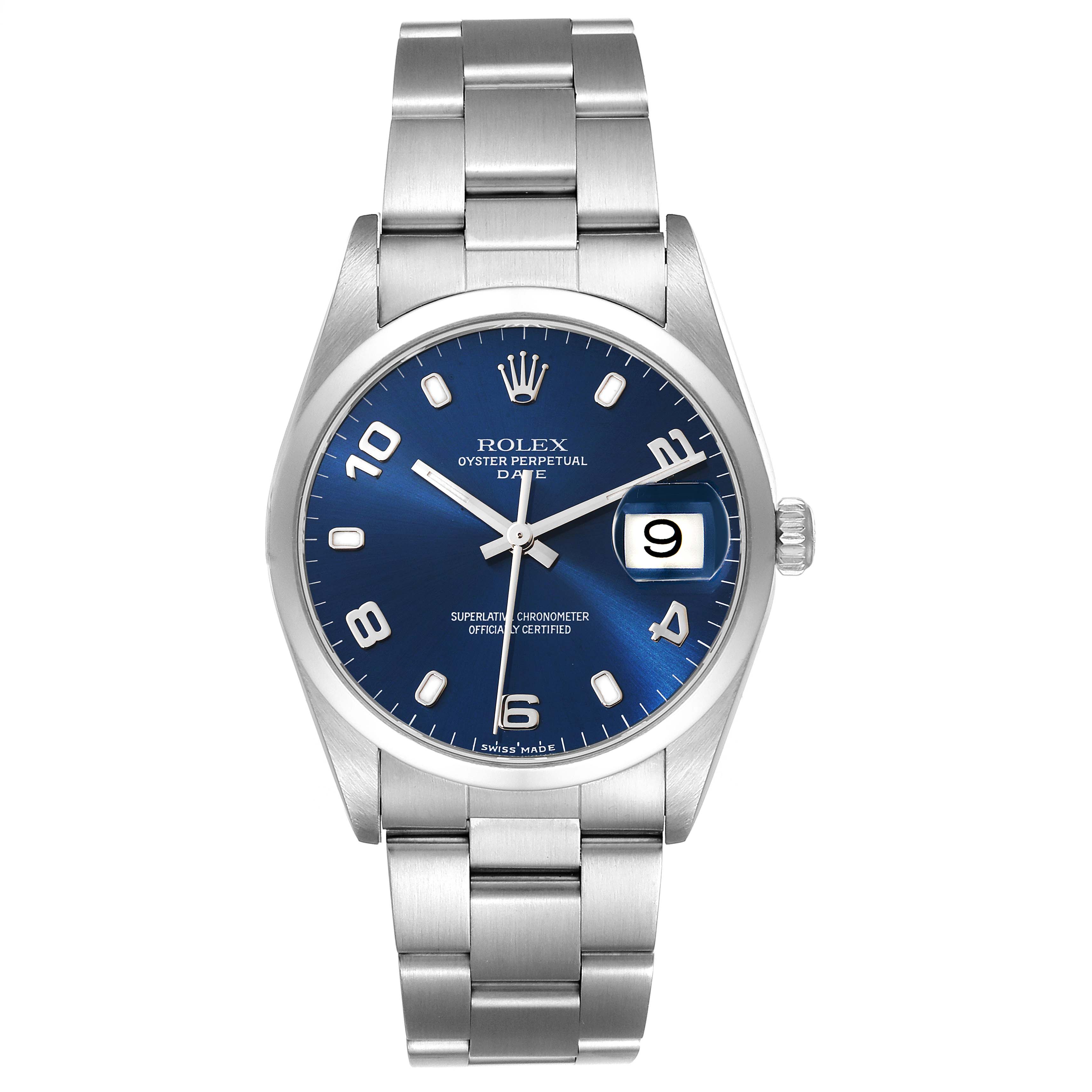 This Rolex Date 15200 Men
s Stainless Steel Blue Dial 15200 Men
s Stainless Steel Blue Dial model watch is shown from a front angle, displaying the dial, bracelet, and crown.