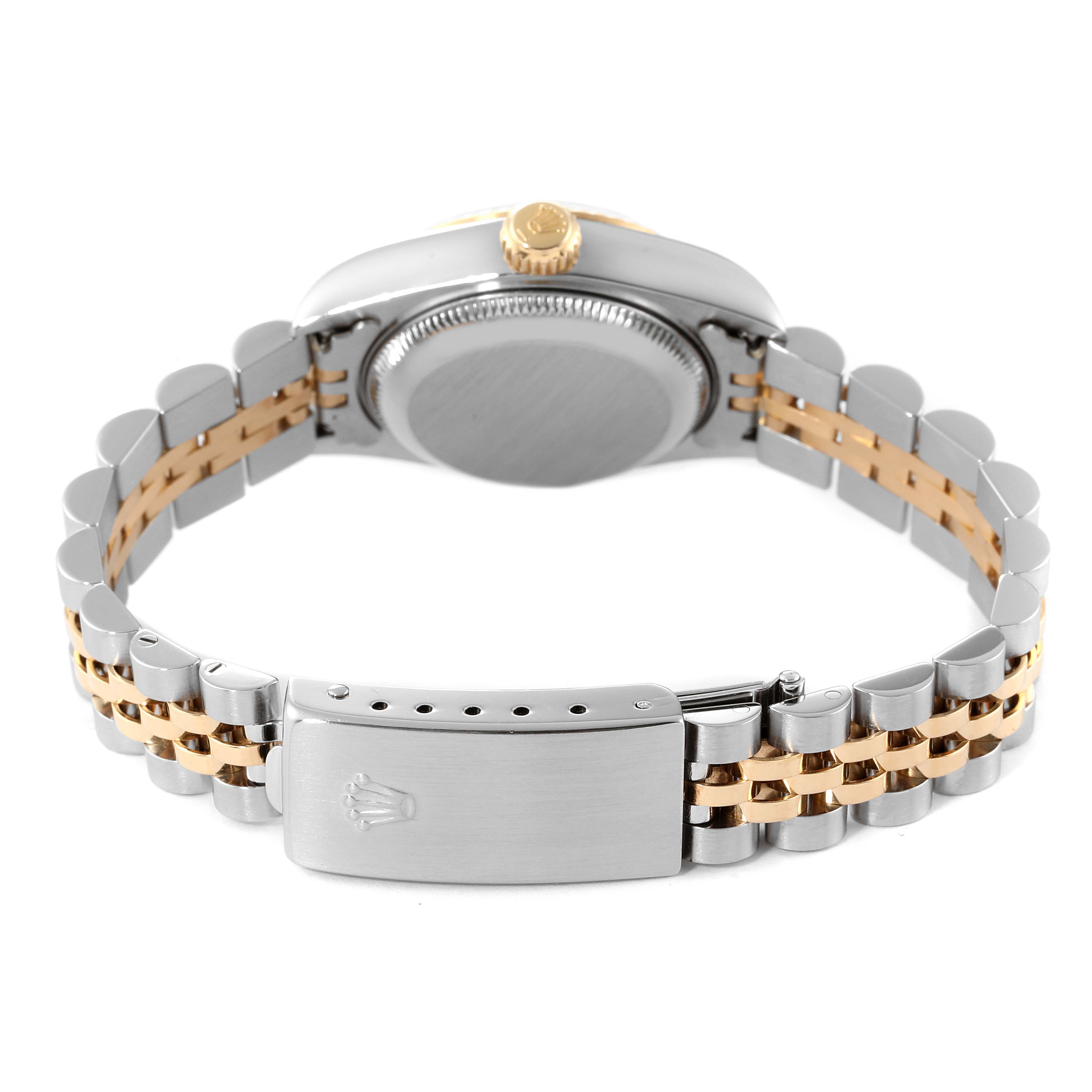 The image shows the back and side of a Rolex Datejust 79173 Women's Steel and Gold (two tone) Beige Dial 79173 Women's Steel and Gold (two tone) Beige Dial watch, featuring the clasp and bracelet.