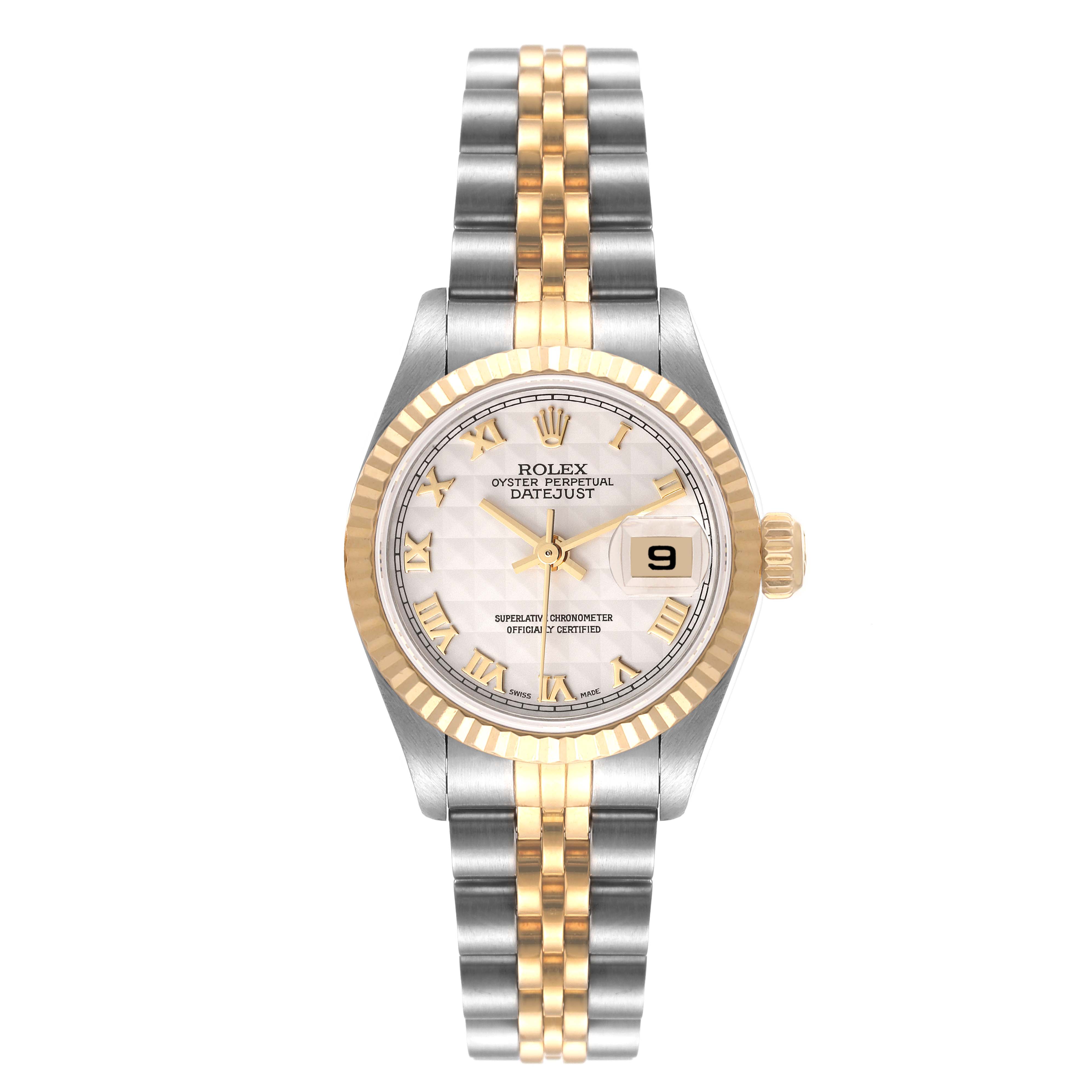 The Rolex Datejust 79173 Women's Steel and Gold (two tone) Beige Dial 79173 Women's Steel and Gold (two tone) Beige Dial watch is shown from a top-down angle, highlighting the face, bezel, and two-tone bracelet.