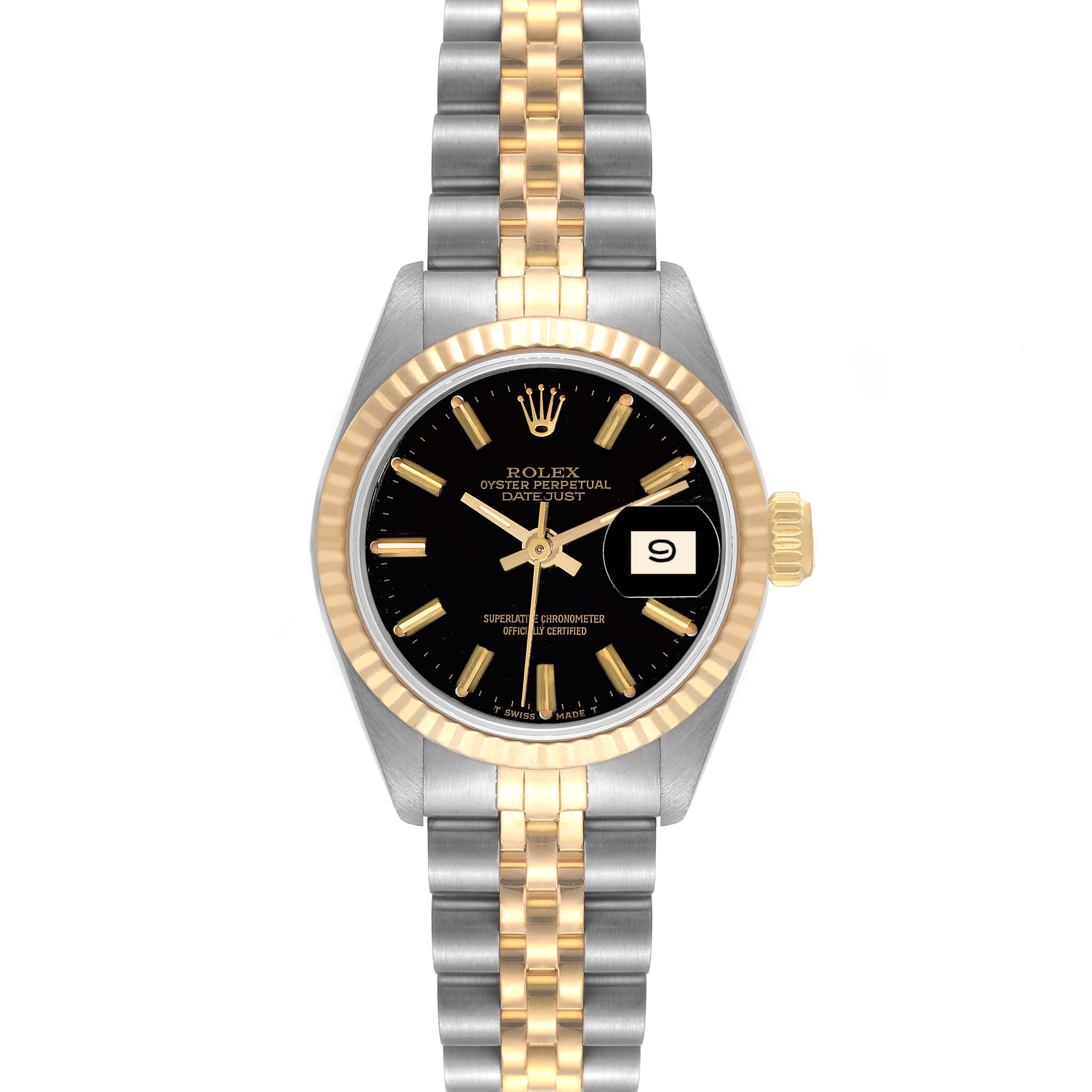 This image shows the front view of a Rolex Datejust 69173 Women's Steel and Gold (two tone) Black Dial 69173 Women's Steel and Gold (two tone) Black Dial watch displaying its face, bezel, crown, and bracelet.