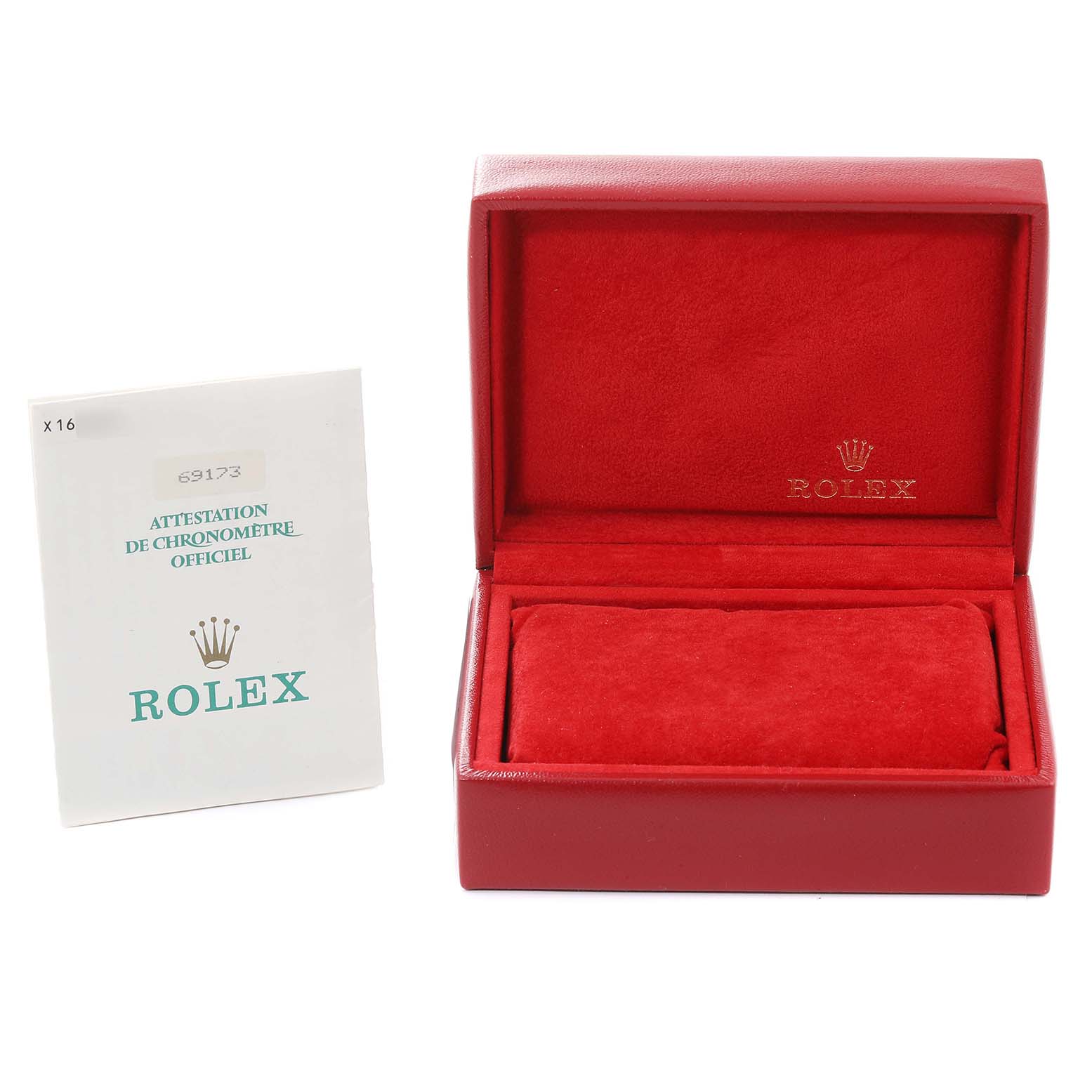 This image shows a red Rolex Datejust 69173 Women's Steel and Gold (two tone) Black Dial 69173 Women's Steel and Gold (two tone) Black Dial watch box open with no watch inside, alongside its certification booklet.