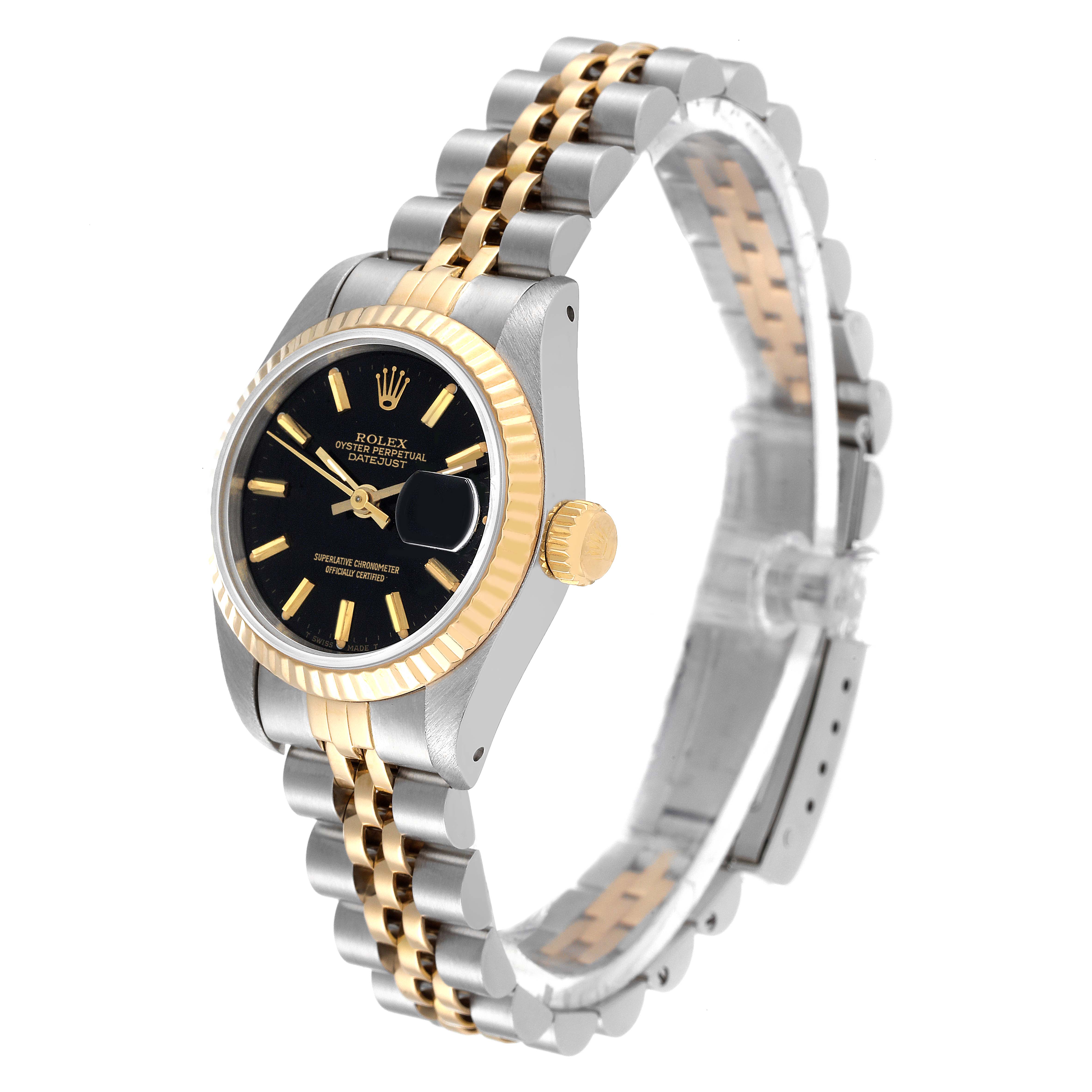 The image shows a side angle of a Rolex Datejust 69173 Women's Steel and Gold (two tone) Black Dial 69173 Women's Steel and Gold (two tone) Black Dial watch, featuring its black dial, fluted bezel, and two-tone bracelet.