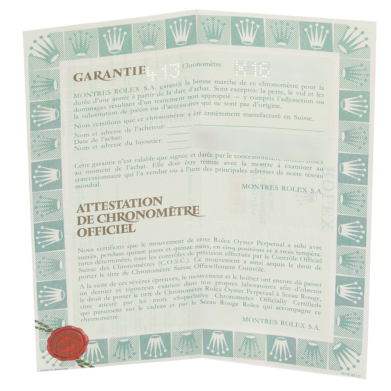 The image shows a folded official warranty and certification document for the Rolex Datejust 69173 Women's Steel and Gold (two tone) Black Dial 69173 Women's Steel and Gold (two tone) Black Dial model.