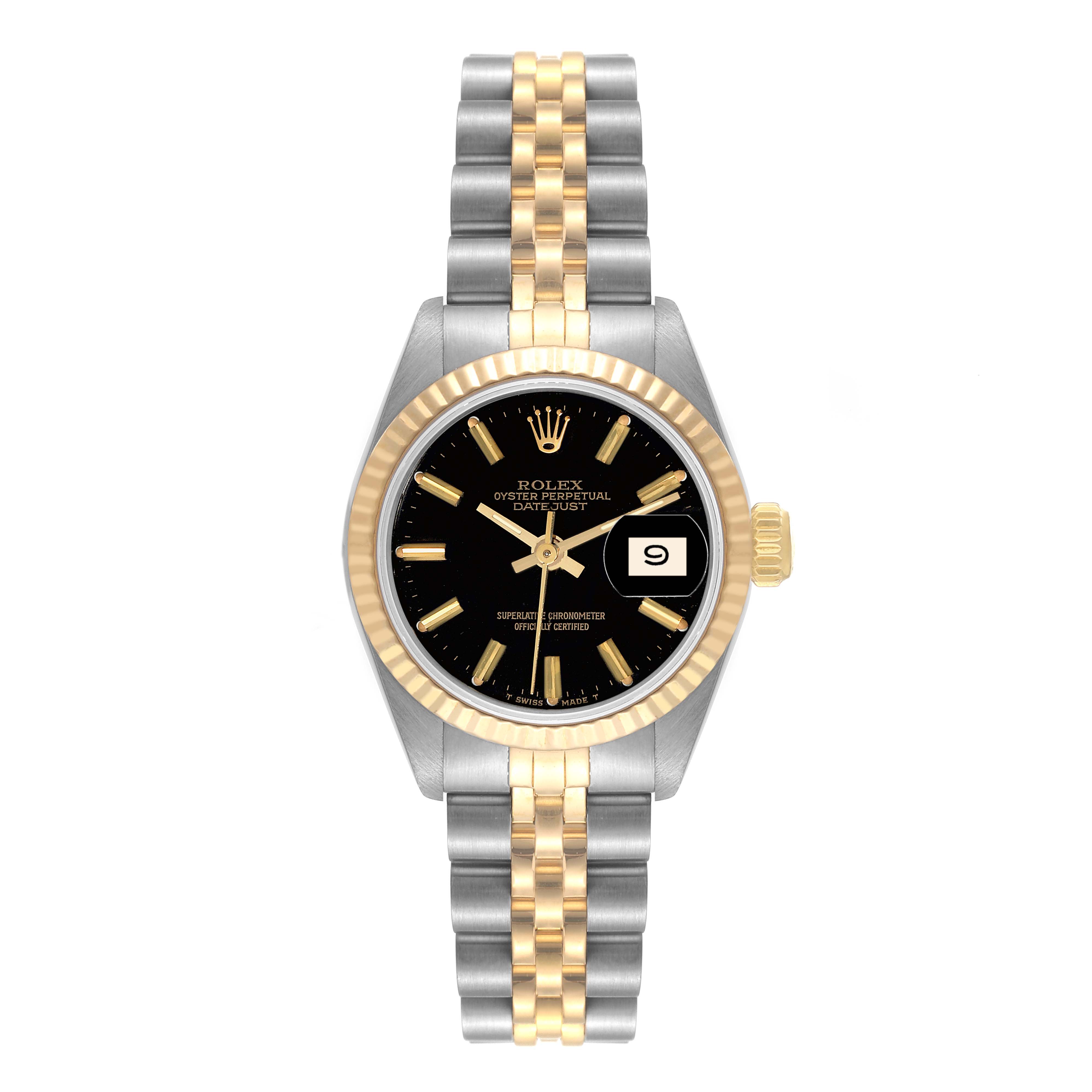 The image shows a front view of a Rolex Datejust 69173 Women's Steel and Gold (two tone) Black Dial 69173 Women's Steel and Gold (two tone) Black Dial watch with a two-tone metal bracelet and a black dial.