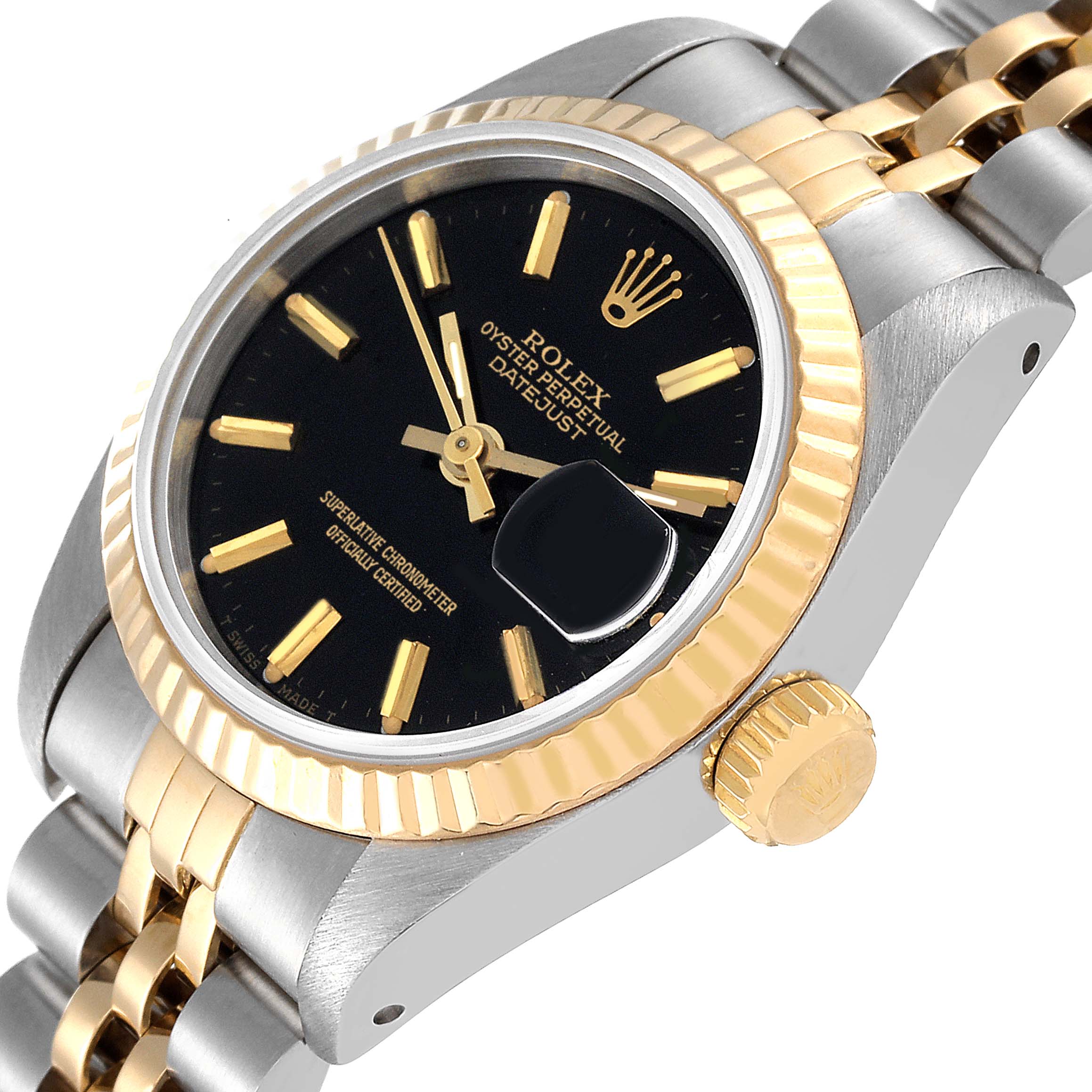 The image shows a close-up, angled view of a Rolex Datejust 69173 Women's Steel and Gold (two tone) Black Dial 69173 Women's Steel and Gold (two tone) Black Dial watch, displaying the dial, bezel, and part of the bracelet.