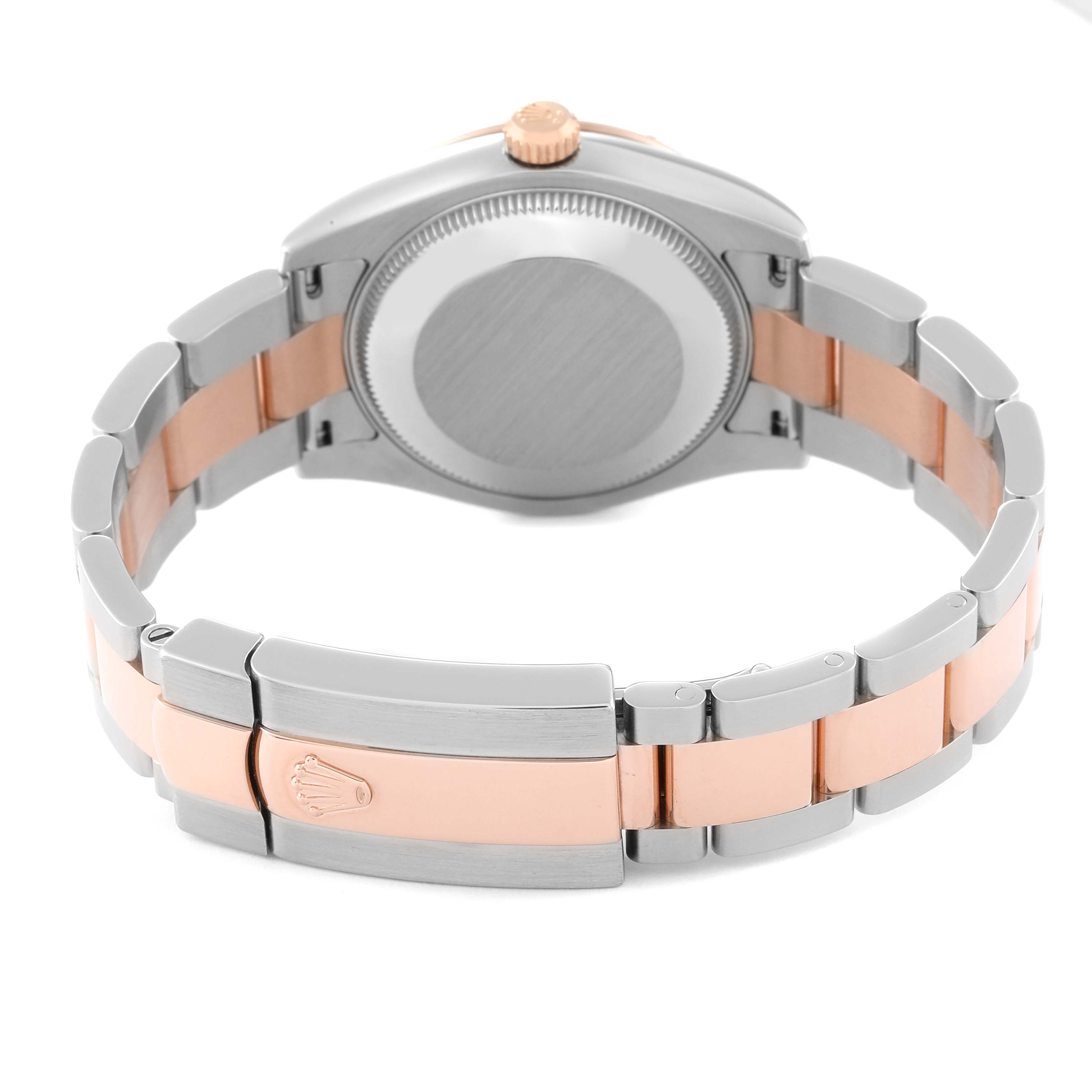 The image shows the back and clasp of a Mid-Size Rolex watch, displaying its two-tone metal bracelet and clasp with the Rolex logo.