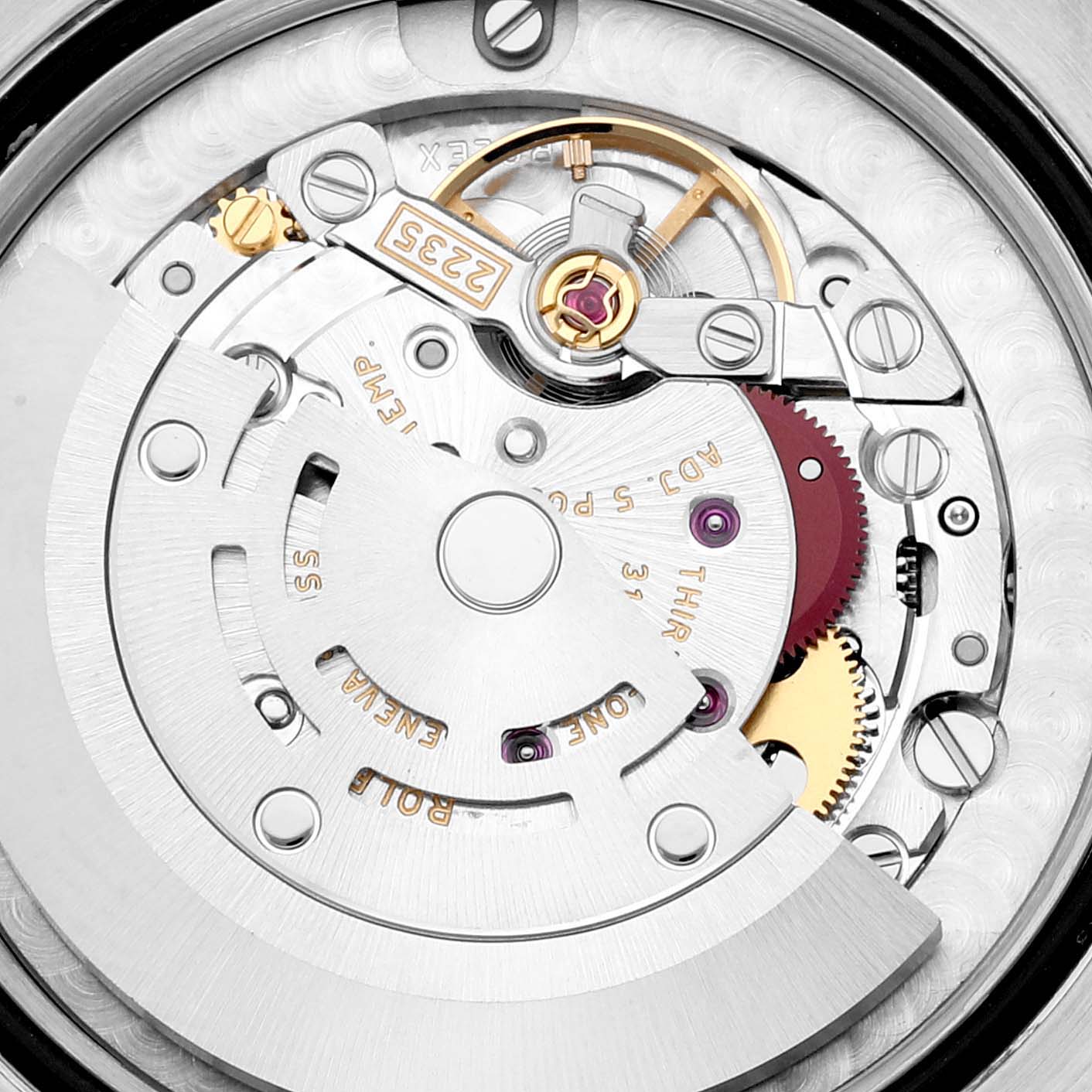 This image shows the internal mechanical movement of a Rolex Mid-Size 178341 Women's Steel and Gold (two tone) Mother of Pearl Dial 178341 Women's Steel and Gold (two tone) Mother of Pearl Dial model watch.